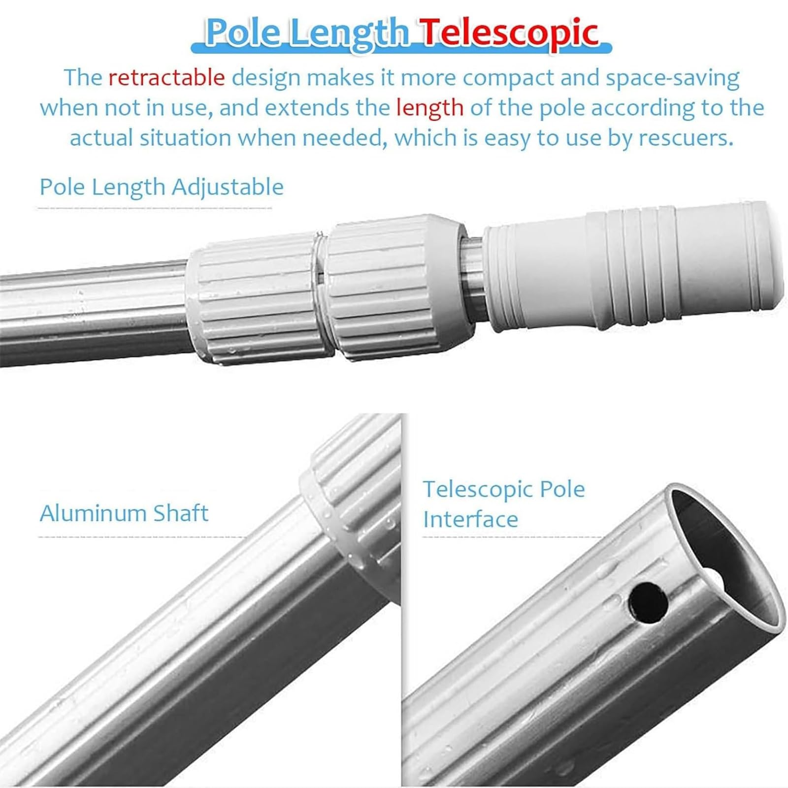 Palo di Salvataggio con Aste Telescopiche in Alluminio, Palo di Salvataggio della Piscina/Attrezzatura di Salvataggio di Emergenza Gancio di Sicurezza della Piscina Multiuso(15.7ft/480cm)