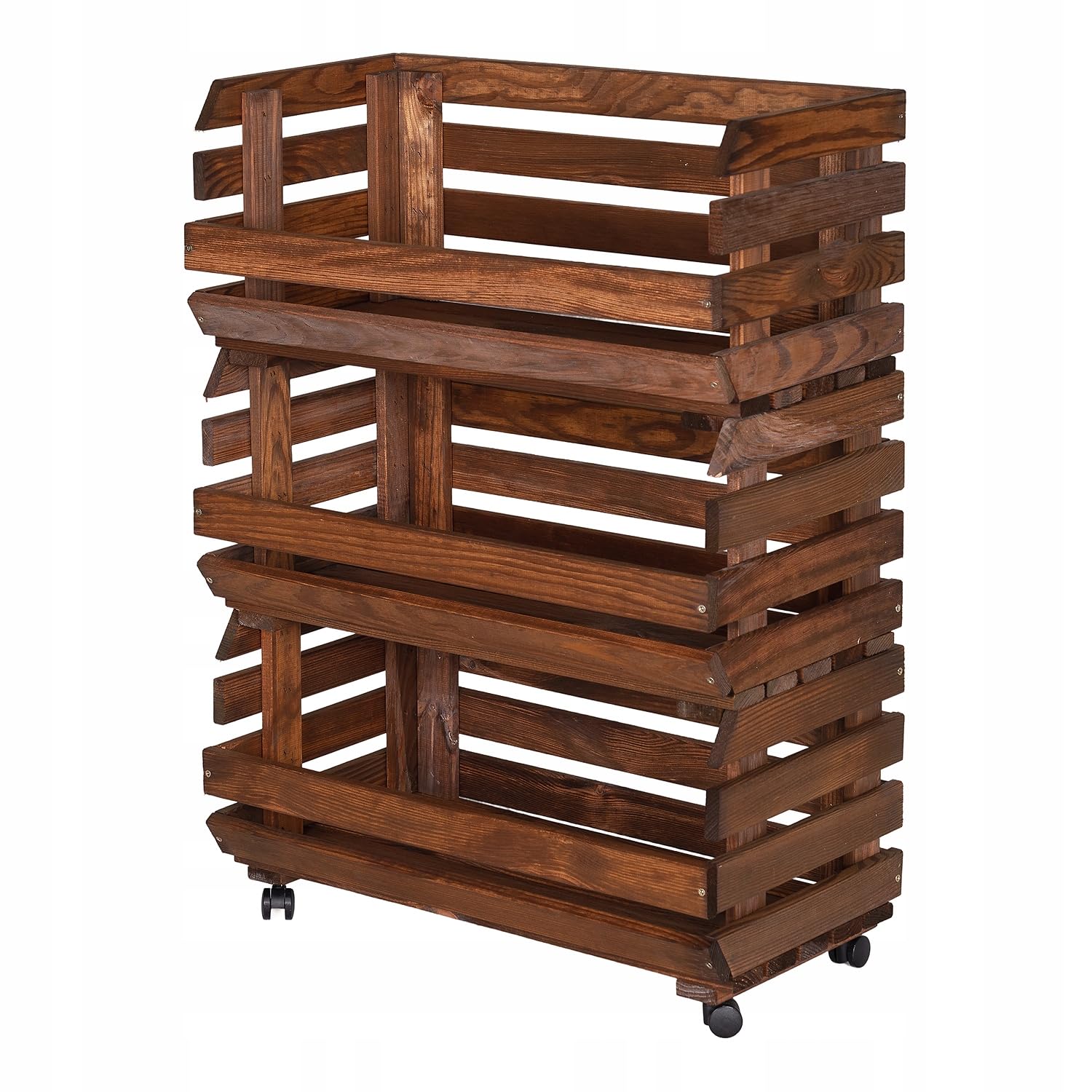Caja de Madera para Frutas y Verduras con Ruedas 57x79x30 cm Marrón Estantería Cocina 3 Niveles Cestas Apilables Almacenaje Patatas Cebollas Ajo