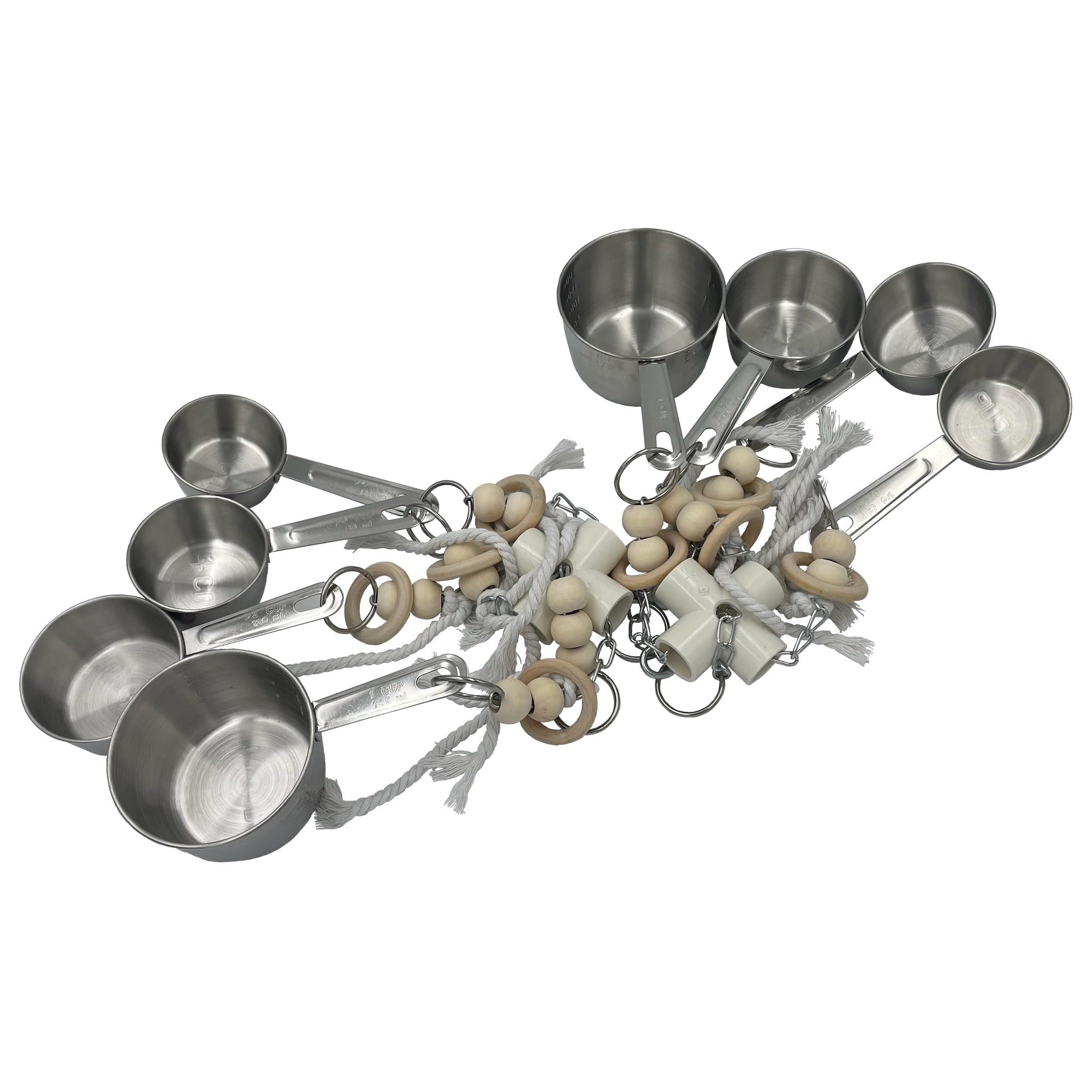 Durable Stainless Steel Pots & Wooden Beads Parrot Toys - Pullable 8 Metallic Cups & 8 Natural Dye-Free Rings for Large & Extra Large Parrots Macaws Amazons African Greys Cockatoos Eclectus - image 5