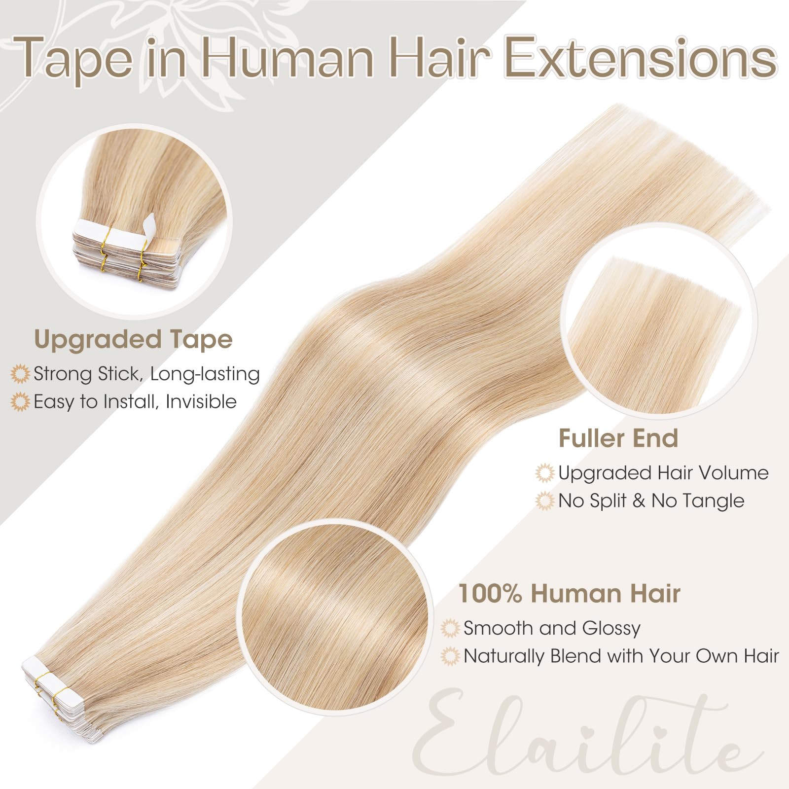 Elailite Tape in Hair Extensions Human Hair Real Human Hair 10 Pcs Invisible Thin Type - Image 4