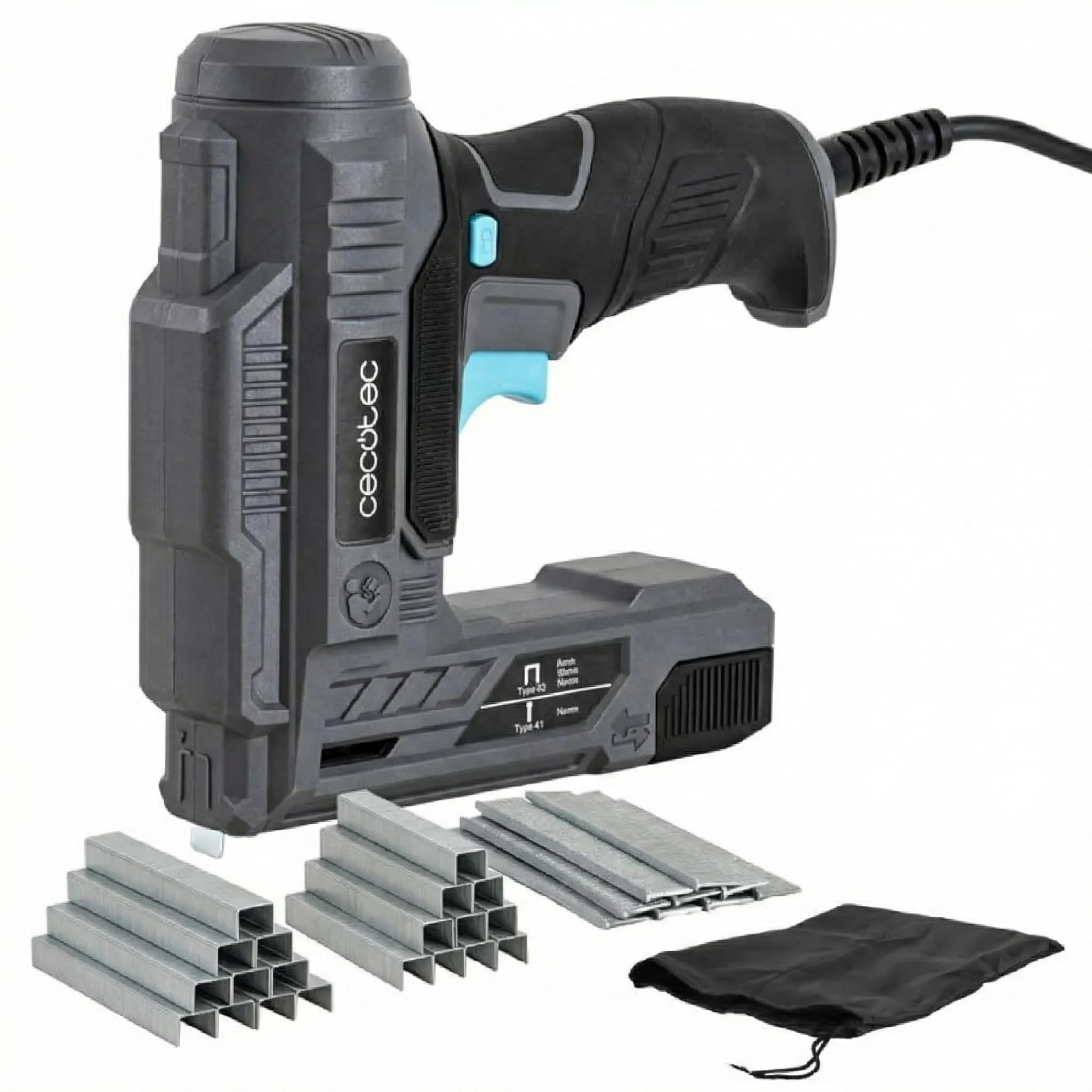 Cecotec Agrafeuse Électrique avec Câble FastTacker 400 Power, 70W, Câble de 3m, Compatible avec Différentes Tailles d'Agrafes et de Clous, Inclut 2000 Agrafes (2 Tailles), 1000 Clous, Sac de Transport