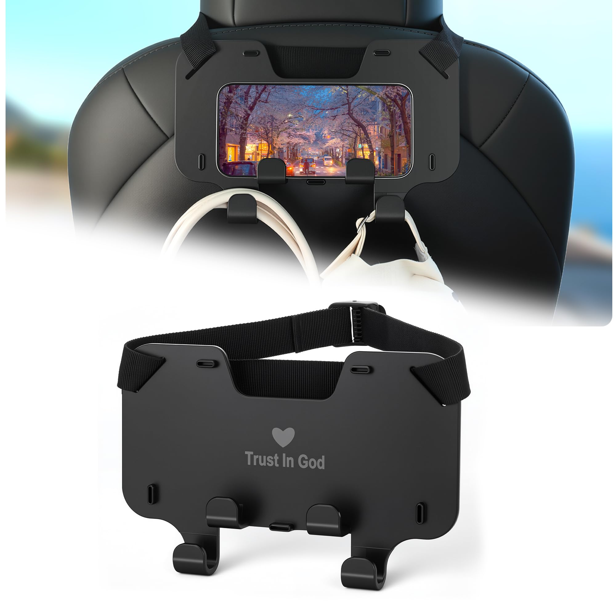 Forgyronis Car Seat Headrest Hooks for Tesla, Adjustable Purse Hook with Phone Holder, Compatible with One-piece Headrest, Car Hooks for Purses and