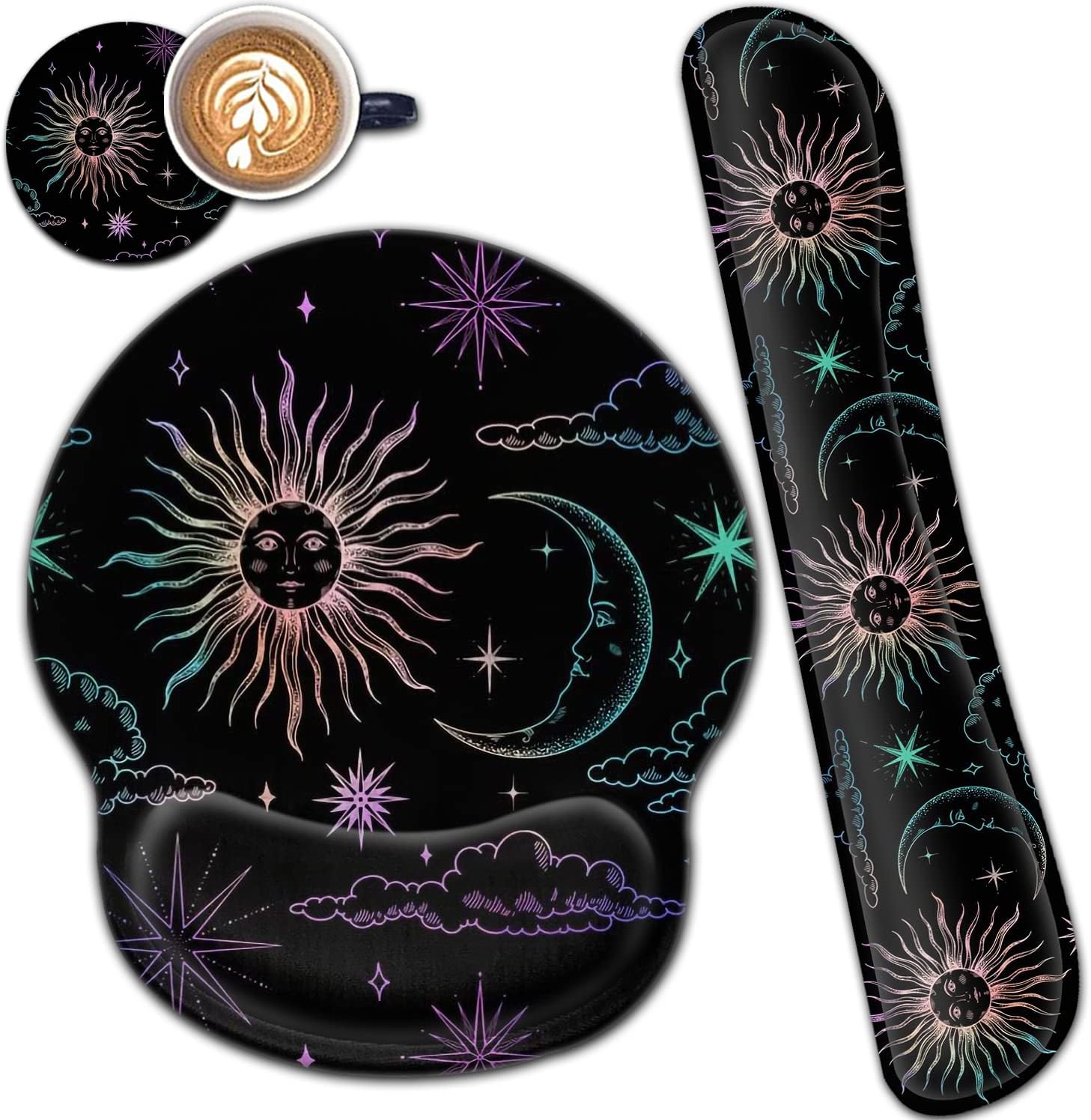 Ergonomic Mouse Pad Gel Wrist Support and Memory Foam Keyboard Wrist Rest Set, for Gaming Computer Office Laptop Easy Typing Wireless Mouse Mat, Cute Funy Sun & Moon Pattern Black Office Desk Pad
