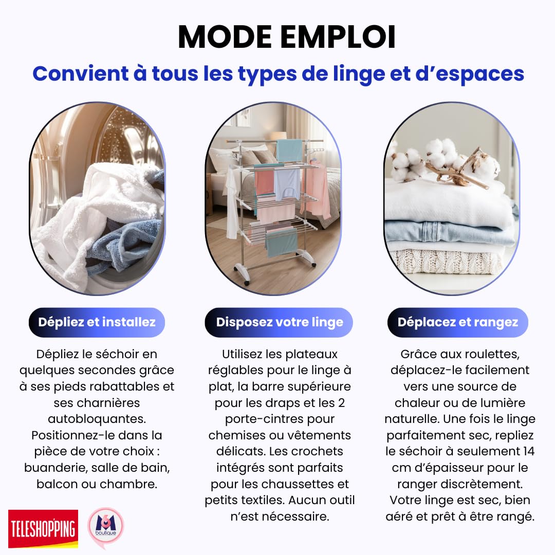 Téléshopping - Sechoir Linge Innovation Deluxe 22m | 6 Plateaux Réglables + 1 Barre Extensible | Etendoir Linge Capacité 25kg | 36 Crochets + 2 Porte-Cintres | Roulettes & Structure Acier Pliable