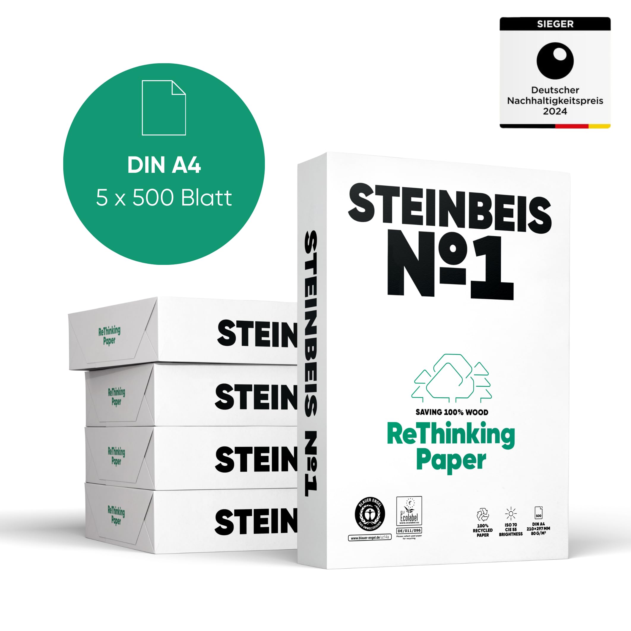 STEINBEIS N1, Papel 100% reciclado, A4, 80 g/m2, caja 5 paquetes (2500 hojas)