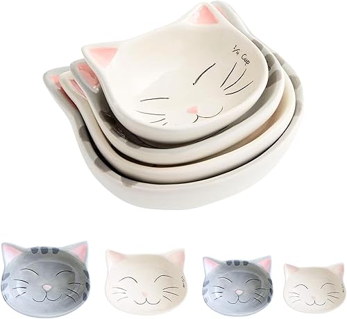 Juego de 4 tazas medidoras de cerámica para gatos, lindo juego de tazas medidoras para utensilios de cocina, juego de hornear de cocina que ahorra