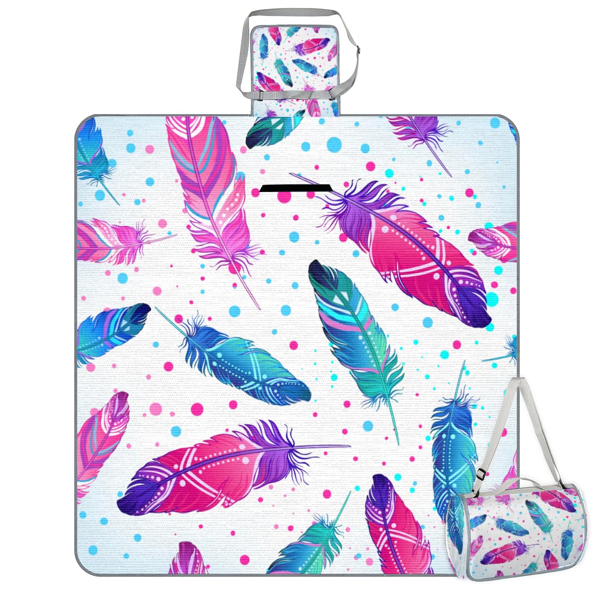 Shimoshe Picnic Blankets 57”x 59”, Polka Dot Peacock Feather Waterproof Sandproof Picnic Mat Lightweight Foldable Beach Blanket for Camping Park Grass Beach Outdoor Blanket