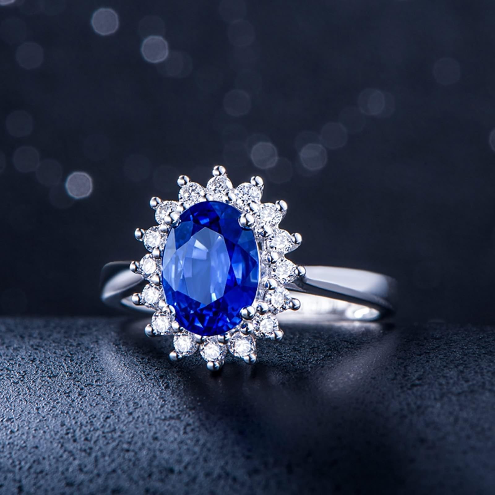 AMDXD Bague de fiançailles en or blanc 750 18 carats - Créée en laboratoire - Saphir classique - Taille ovale - Bleu - Bague de fiançailles avec moissanite 18 carats - Taille 49-70