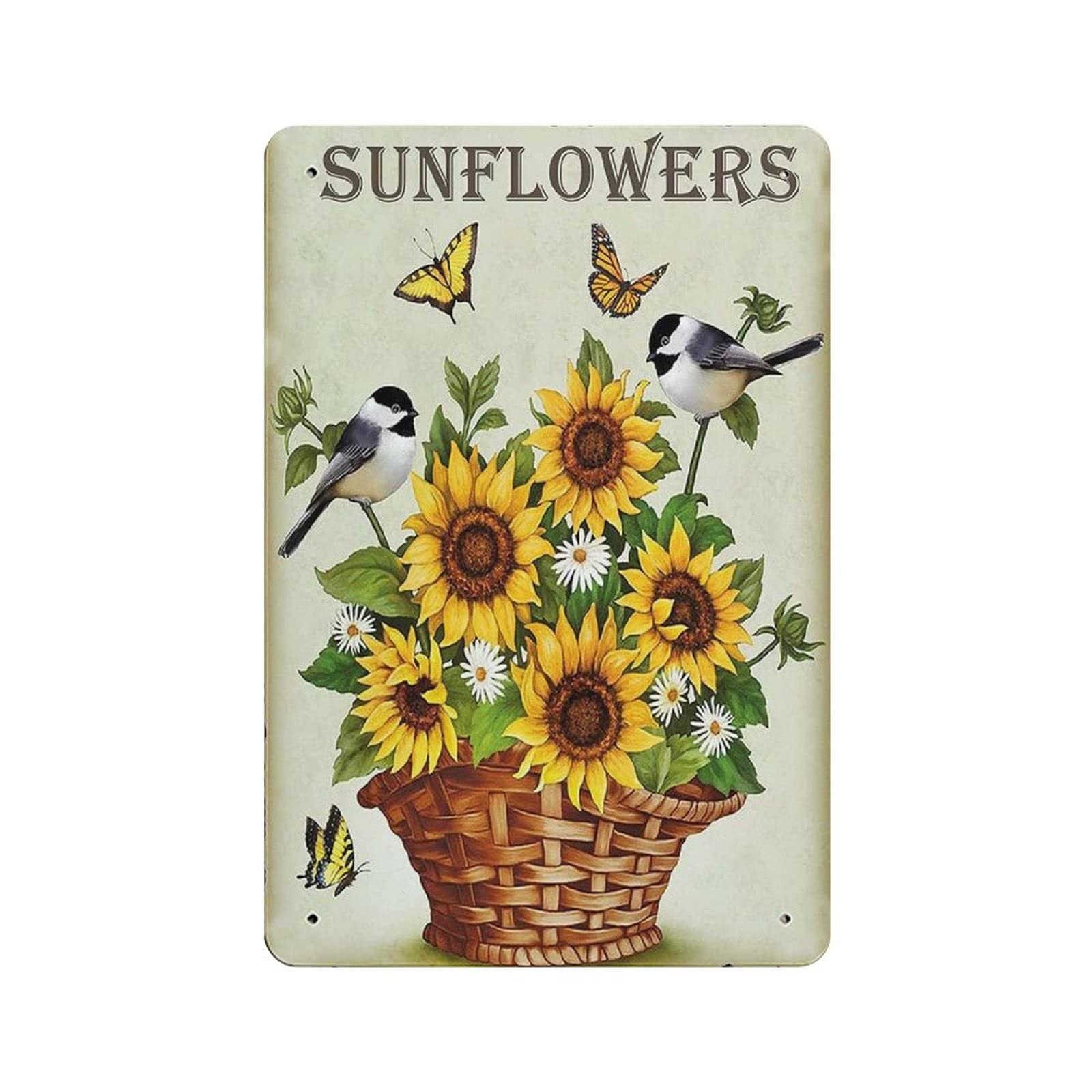 Metal Tin Sign Sunflowers Butterfly And Birds Vintage Tin Poster Metal Sign Wall Decoration Country Kitchen Home Garage Decor 12"x8"