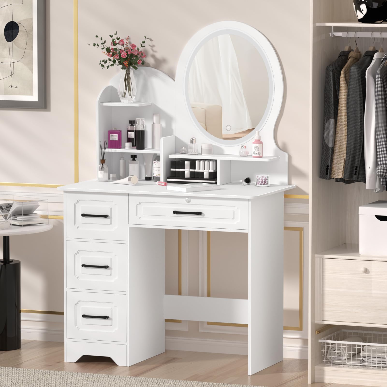 YESBAY Vanity Desk with Mirror and Lights, Makeup White Vanity with Sliding Lighted Mirror in 3 Colors, Bedroom Dressing Table 3 Drawers & Chair &
