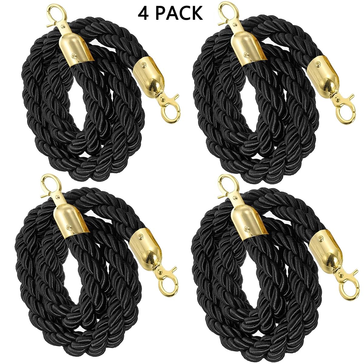 Lot de 4 cordes torsadées en nylon noir de 3,4 m avec crochets polis – Barrières de contrôle de la foule durables pour événements, festivals et gestion des files d'attente
