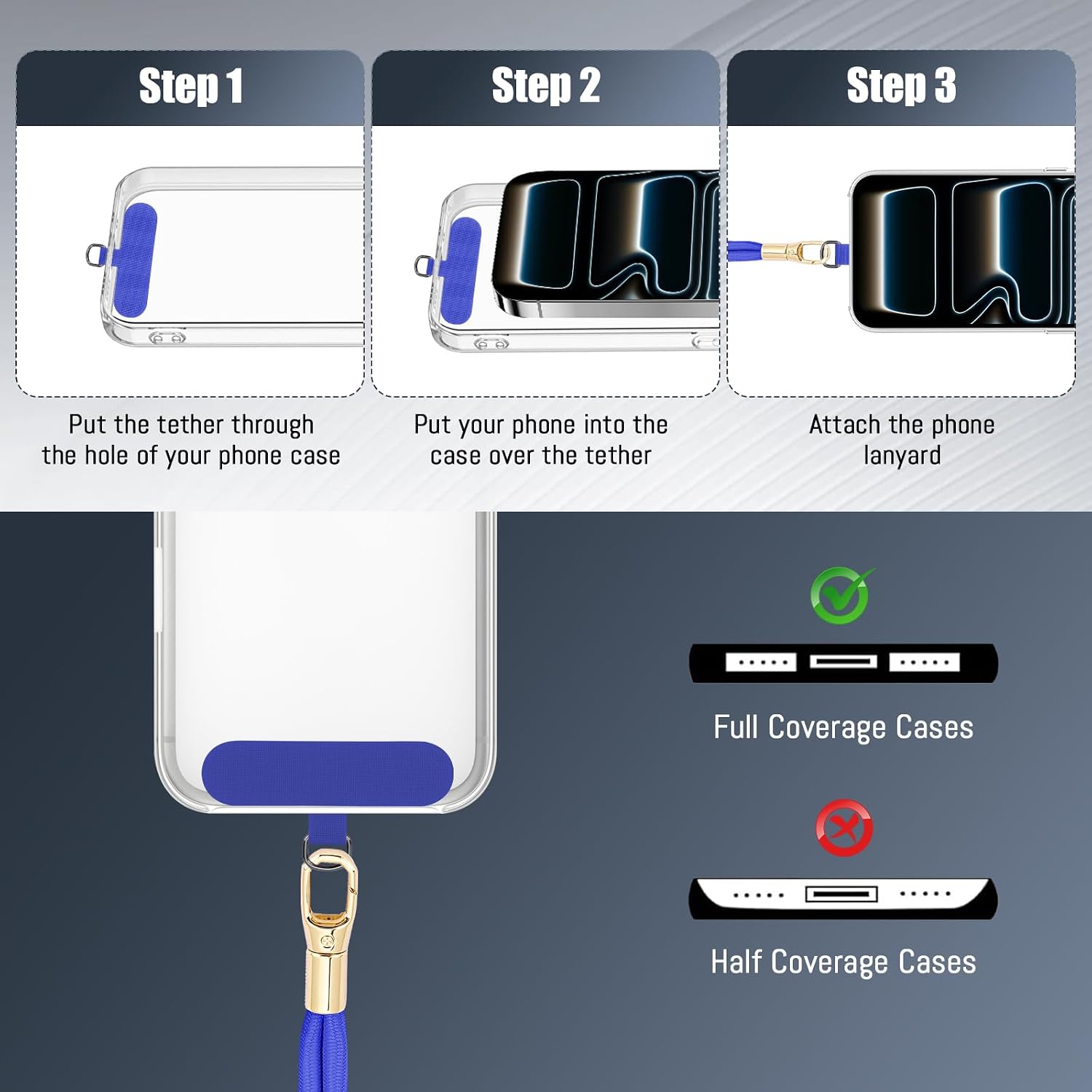 Dadanism Phone Lanyard 2 Pack, 2x Adjustable Crossbody Phone Strap, 2x Tether Tab, Anti-theft Universal Cellphone Multifuctional Patch Lanyards for iPhone & Most Smartphones, Blue+Black thumbnail