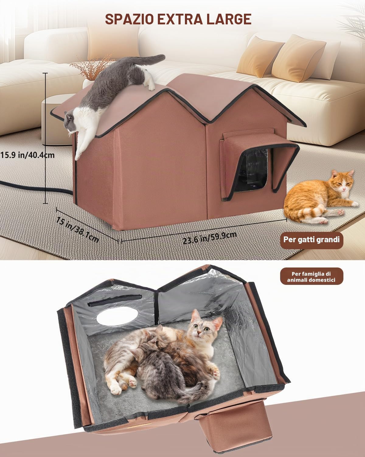 Grande casa per gatti riscaldata da esterno, impermeabile, morbida e calda, rialzata, con porte di fuga e tappetino riscaldante, robusta cuccia isolata per gatti e cani, marrone