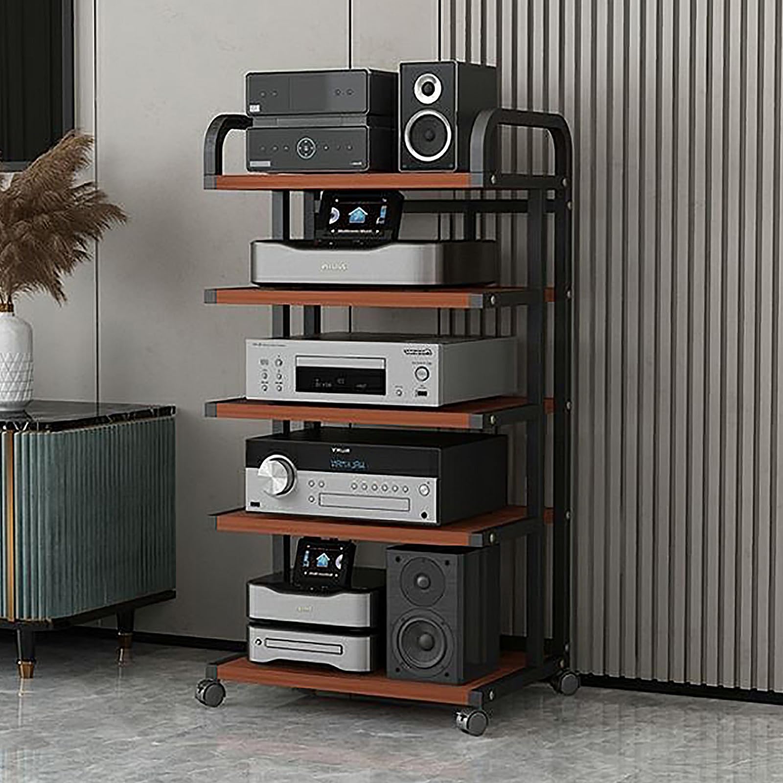 Stojak stereo z półkami 3/4/5 i kółkami, stojak na media AV, wieża audio, szafka stereo, wieża audio do salonu, pokoju gier i studia nagrań, orzech, 5 półek
