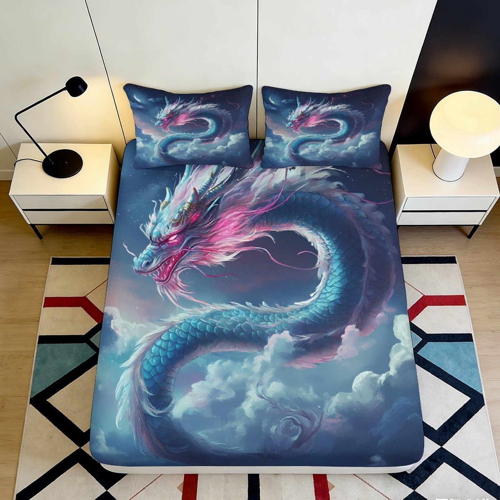 3D Printed Blue Dragon Fitted Sheet Microfiber Soft Breathable Pink Cloud Mattress Cover for Bedroom Guestroom Decor 90x200x25cm