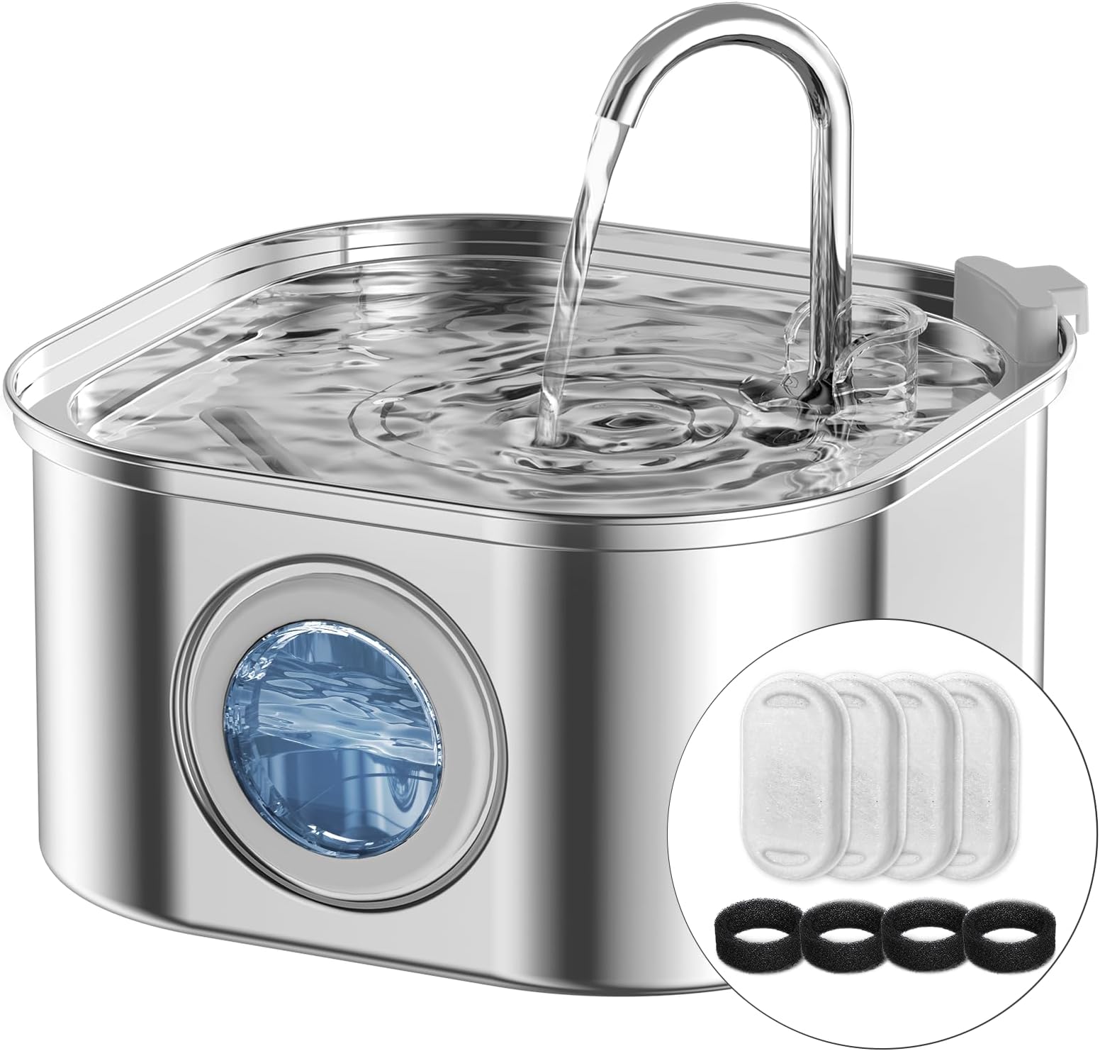 Pawdrate Pet Water Fountain 3.2L/108oz - Stainless Steel, Ultra-Quiet Pump, 2 Filters, Visible Window