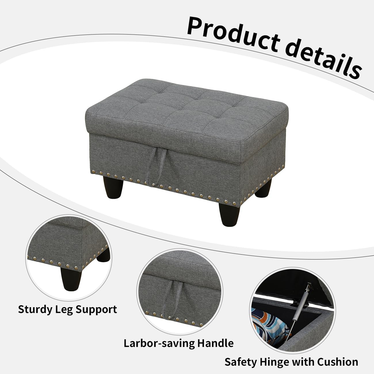 Chesterfield Ottoman with Storage,28.5" Large Square Storage Retro Rivet Ottoman Footstool Bench Coffee Table with Thick Cushion for Home Decor/Entryway/Living Room/Bedroom/Rv,Grey Dark Linen