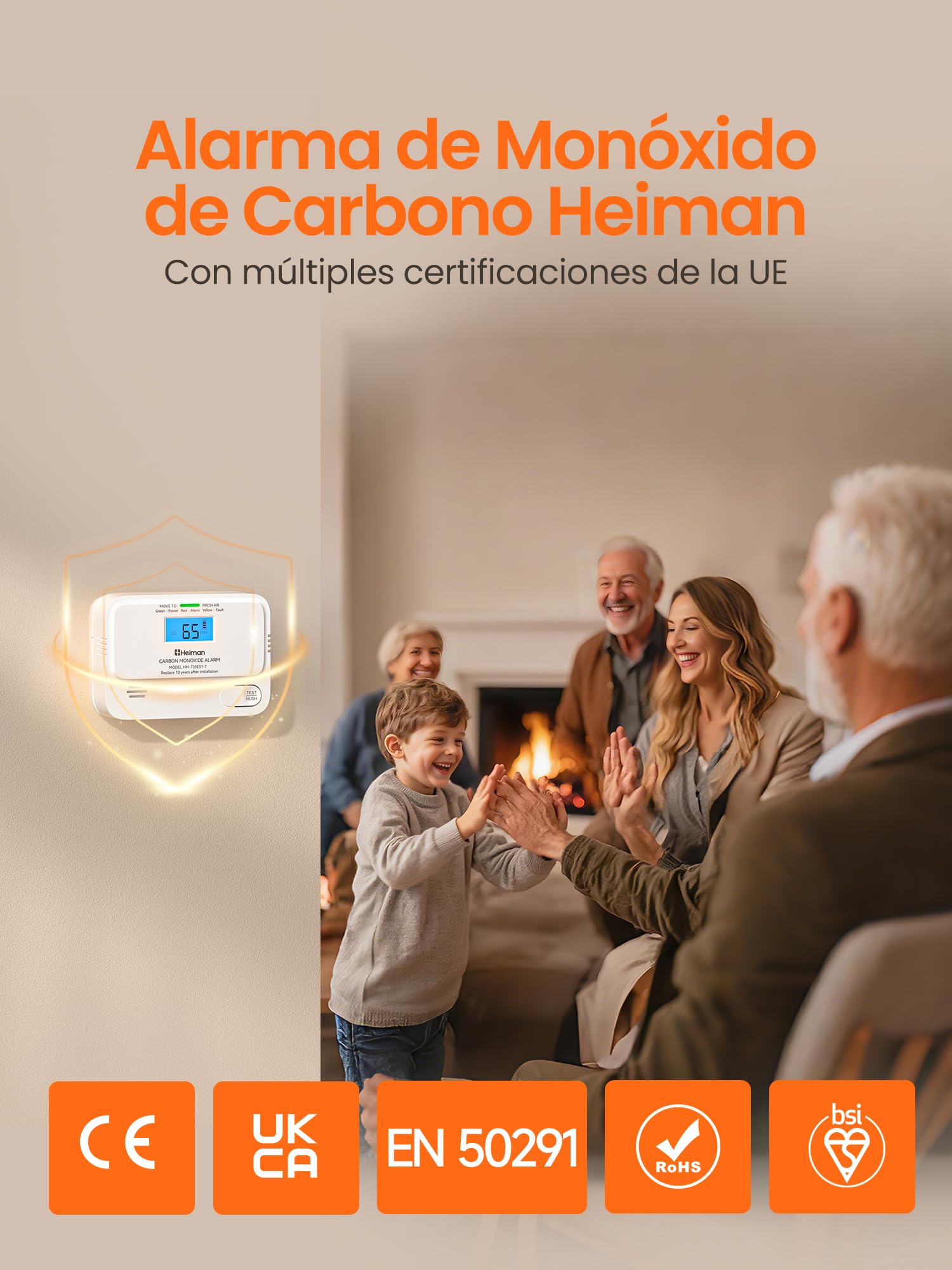 Heiman Detector de monóxido de carbono con pantalla LCD digital, 2 unidades | Detector de monóxido de carbono con batería de 10 años, detector de CO para el hogar, alarma CO BSI, norma EN 50291