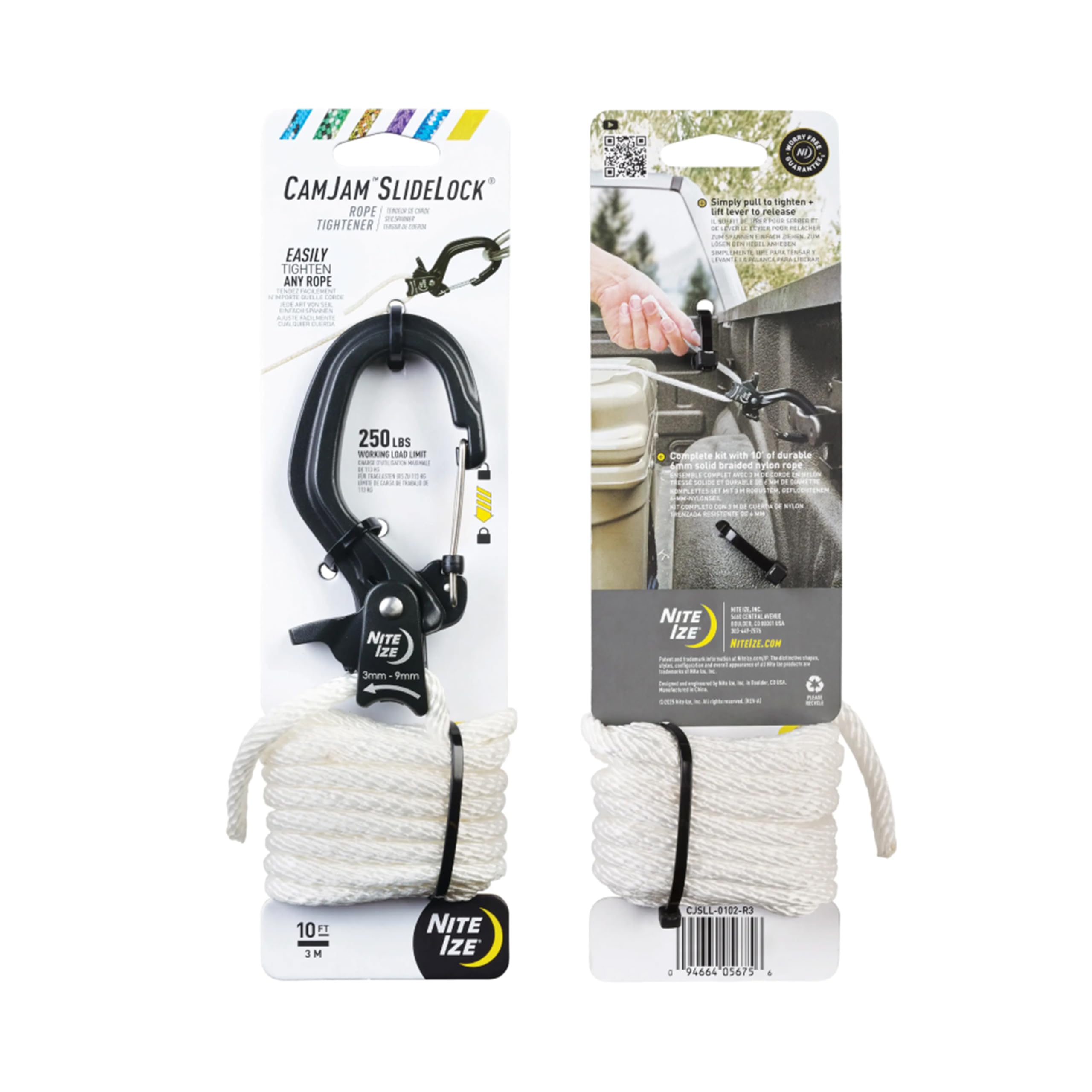 Nite IZE CamJam SlideLock napinacz linki i linka nylonowa 3 m – z zamknięciem i dźwignią szybkomocującą – obciążenie graniczne 45,4 kg – pasuje do lin o rozmiarach 3–6 mm – duży