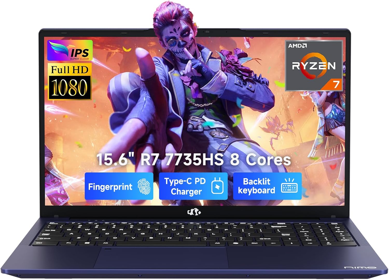 NIMO Gaming Laptop, 15.6″ FHD Display, AMD Ryzen 7 7735HS (8C/16T, Up to 4.75GHz) Computer, 16GB DDR5 512GB NVMe SSD, Radeon 680M Graphics, Backlit Keyboard, Fingerprint Unlock, PD 100W Type-C