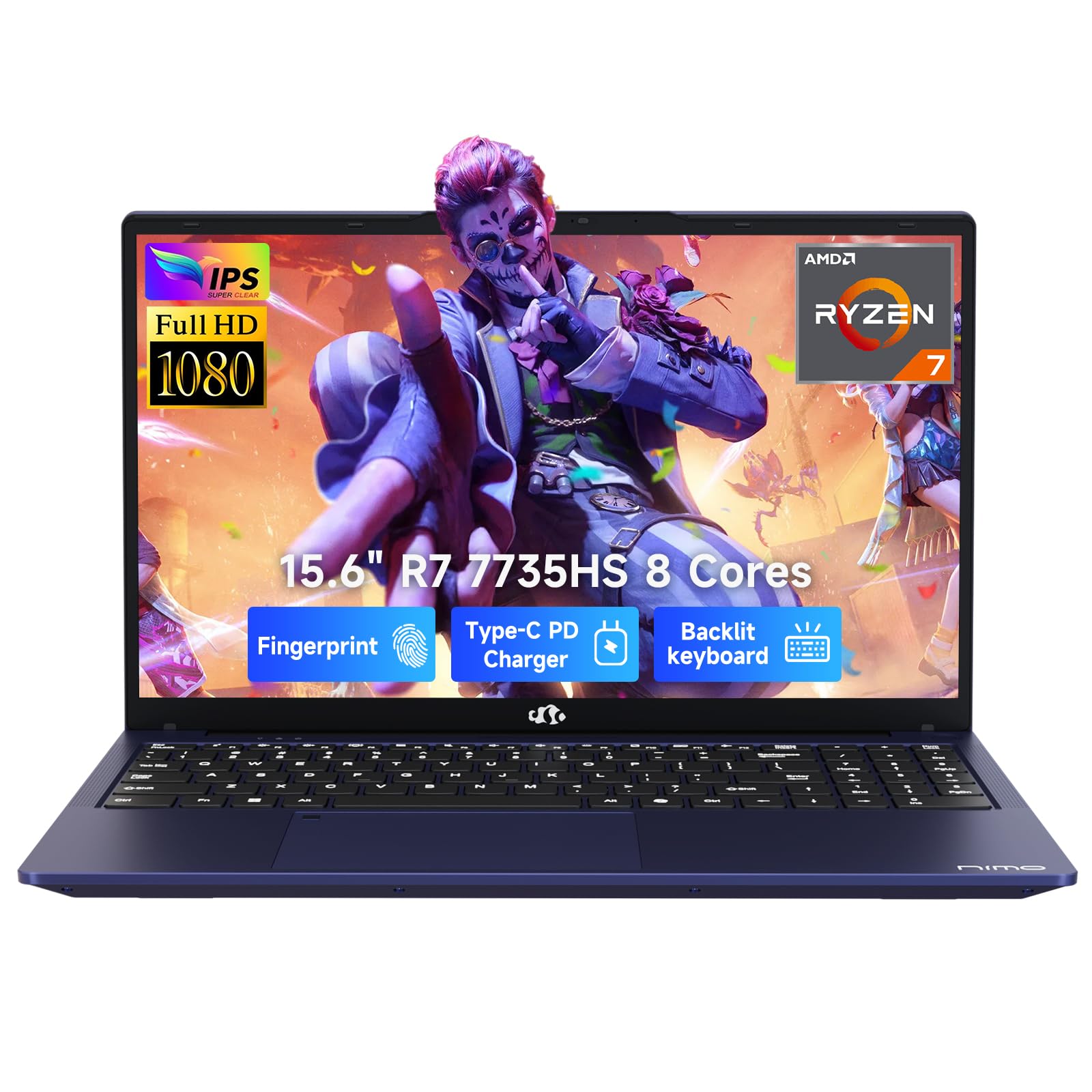 15.6" Laptop, AMD Ryzen 7 7735HS (Up to 4.75GHz), 16GB DDR5 RAM, 512GB PCIe 4.0 SSD, Windows 11 Home, 1080P FHD, Backlit KB, 100W PD Fast Charge, 2 x Full-Function USB-C (Data/Display/Charge)