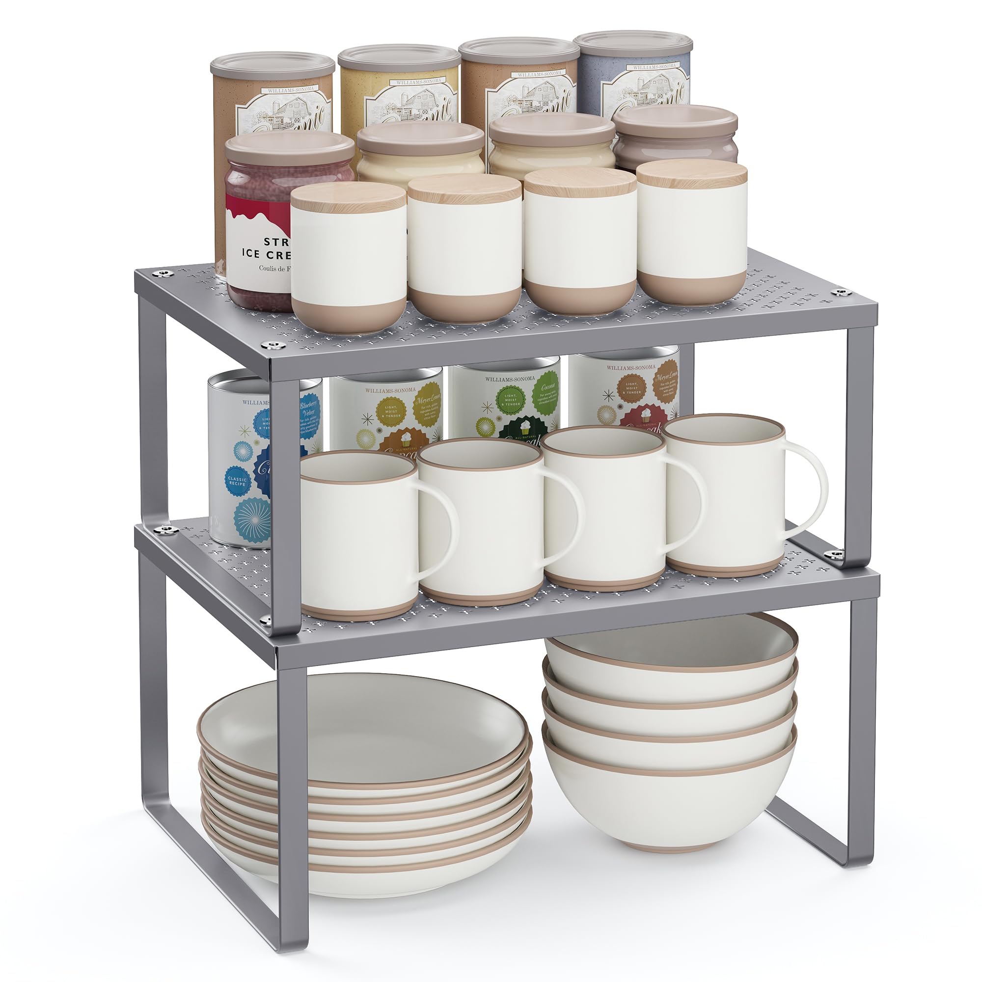 Songmics Silver Set Of 2 Cupboard Organisers, Kitchen Storage, Stackable, Expandable, Metal Counter Shelves, Kcs01sv
