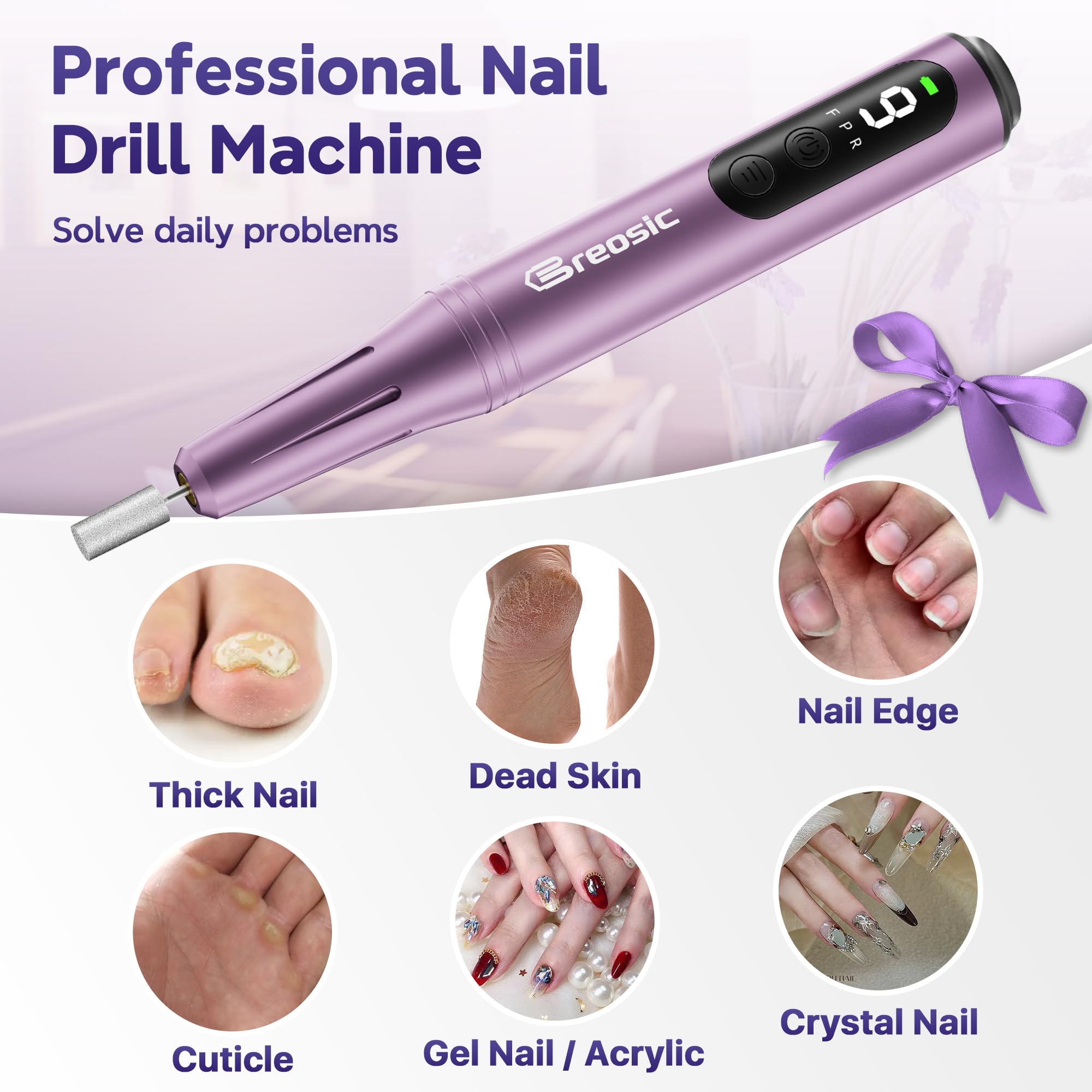 Fresa per Unghie Professionale 35000 Giri Lima Elettrica per Unghie con Schermo LED 12 in 1 Frese per Unghie Portatile Trapano per Unghie Senza Fili Velocità Regolabile Nail Drill (Viola)