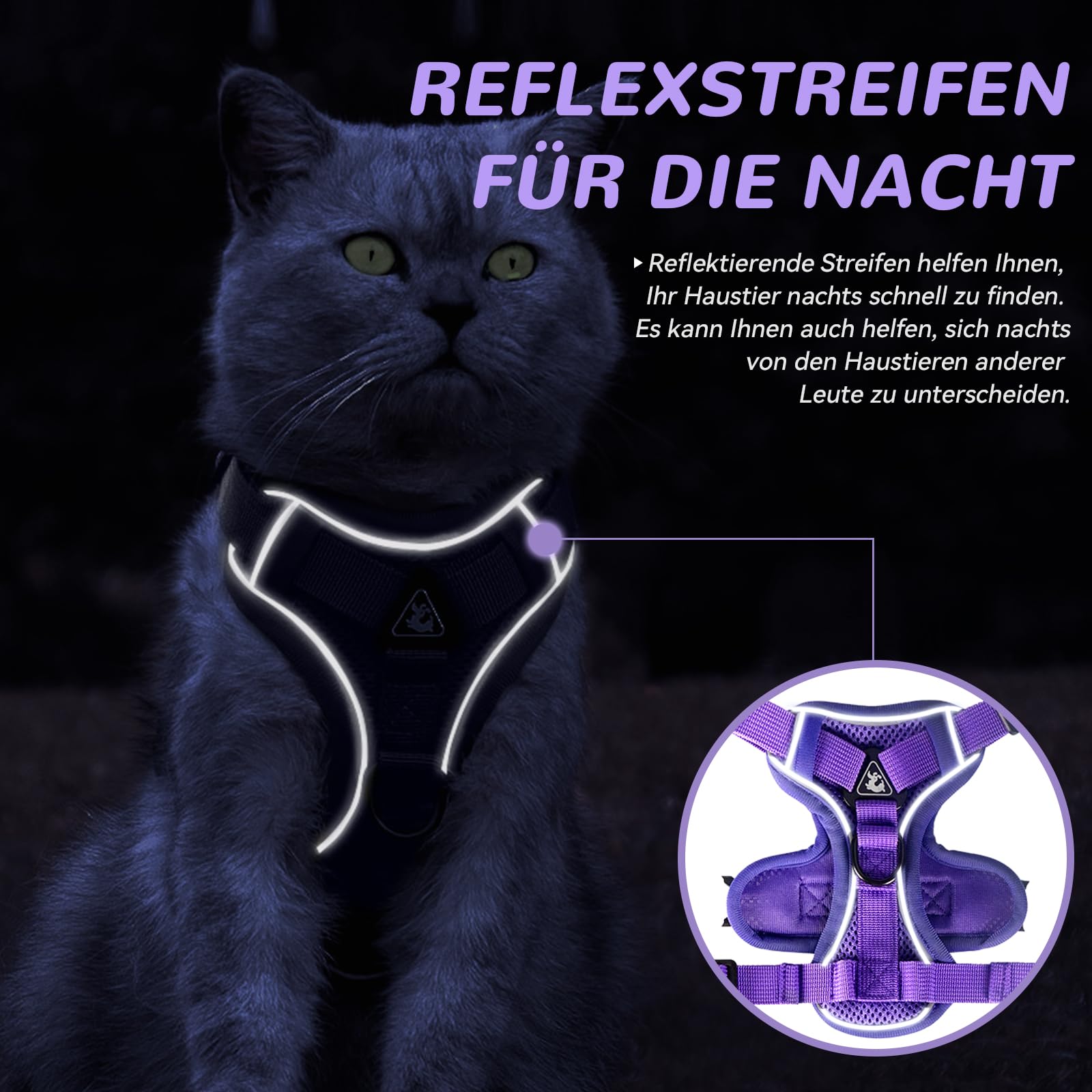 Arnés ajustable anti-rotura para gato con correa - Grantop - Arnés suave para gato - Morado oscuro - Talla XS — view 5