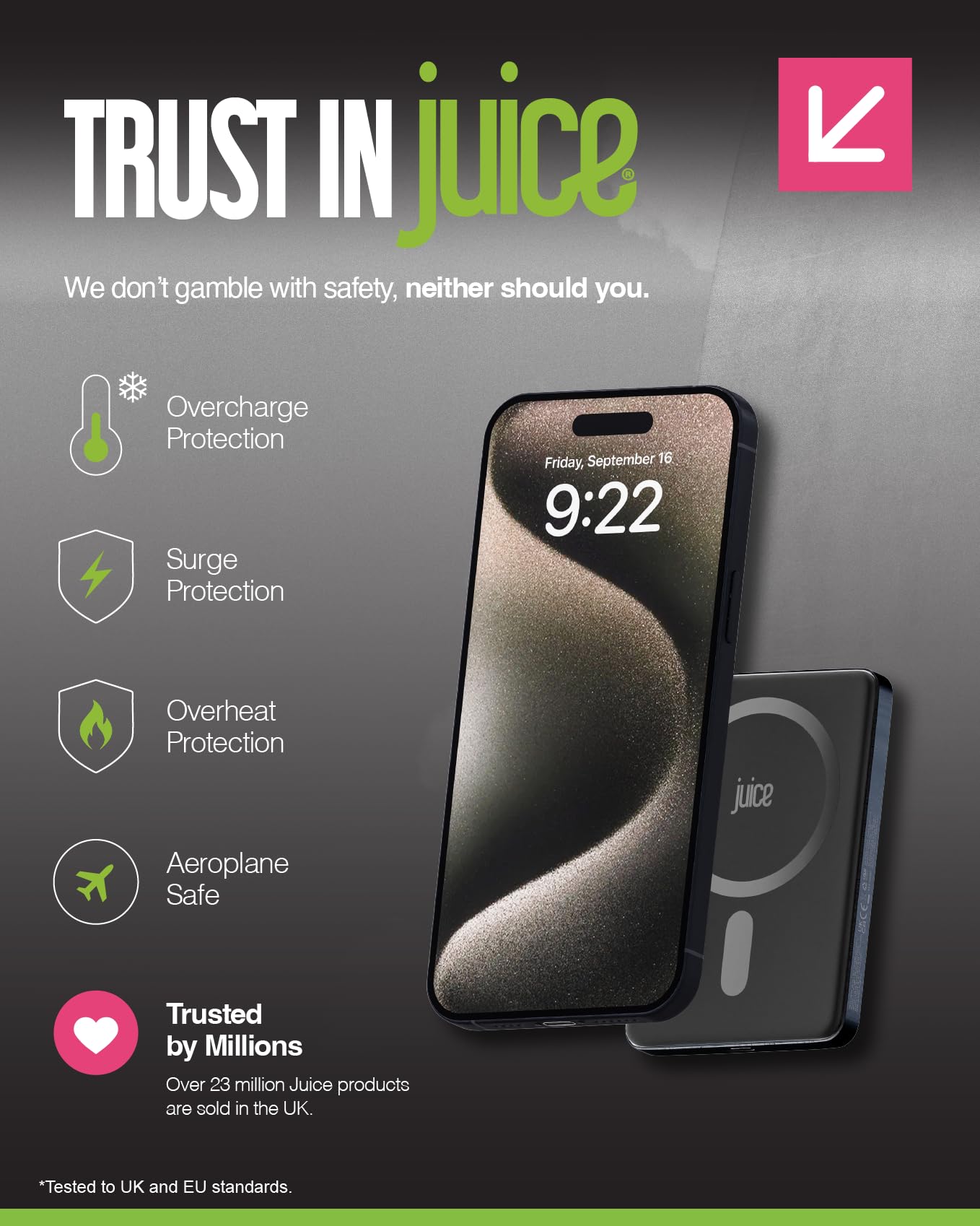 Juice Power Bank Slim 5.000 mAh Magnetico Wireless - Ricarica Wireless 15 W, Ricarica Rapida USB‑C, Batteria Portatile per iPhone & Dispositivi Qi - Nero