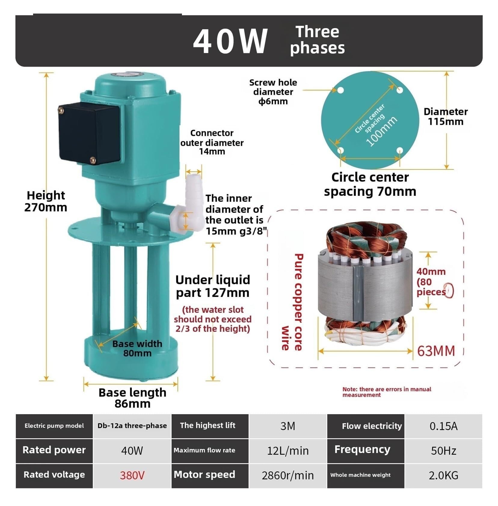 Przemysłowa pompa perystaltyczna, 40W 12L/min Pompa Chłodząca Obrabiarkę Olej Do Tokarki Elektryczny Krwawienia Średnie Chłodziwo, dla laboratorium(380V)