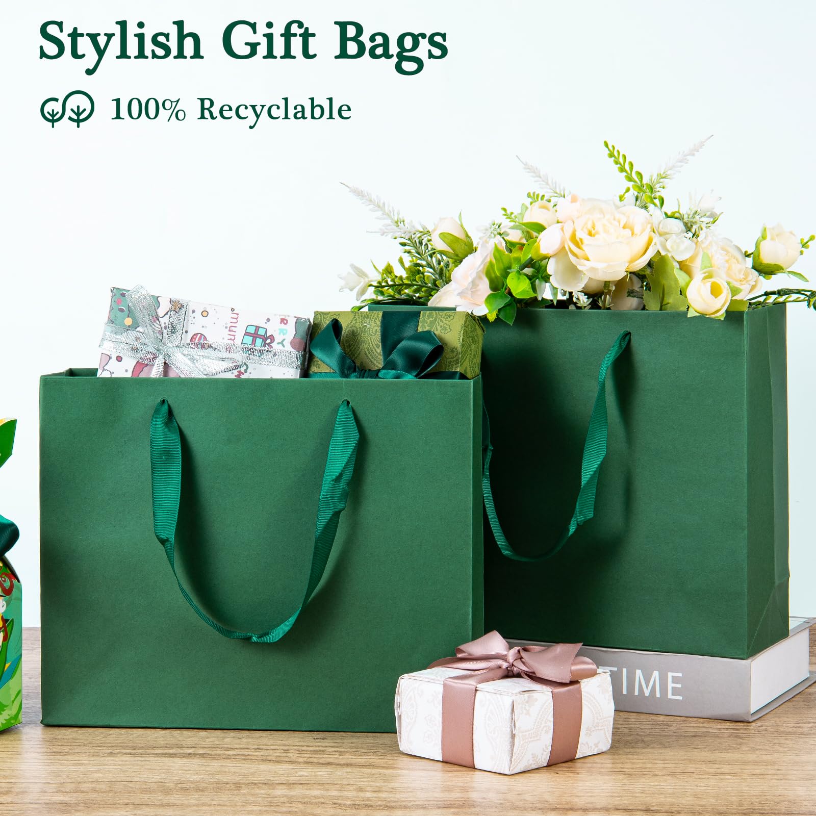 25-Pack Green Gift Bags With Handles - Small Paper Treat Bags For Birthday Wedding Retail 5 3x3 2x9 In - View #8