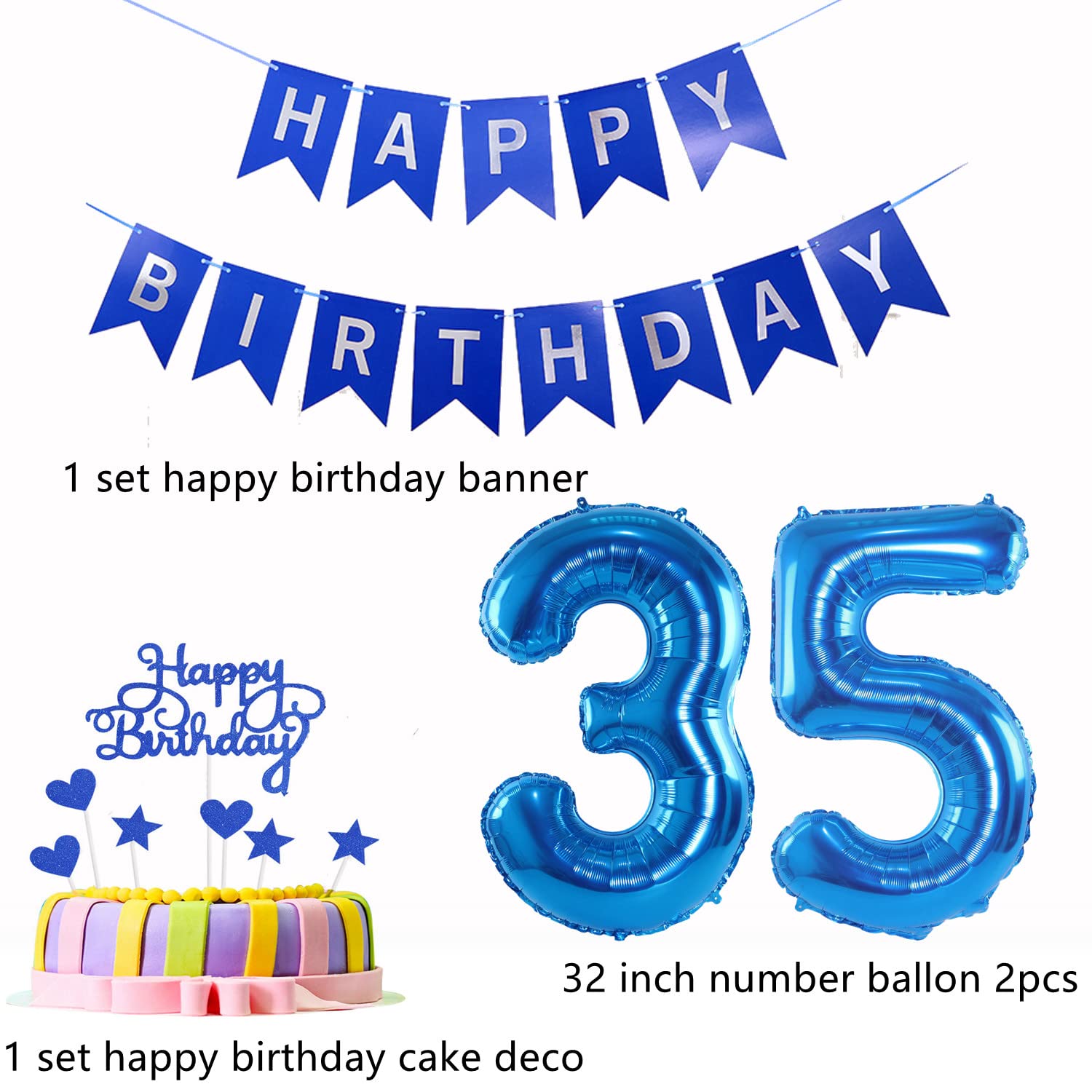 Set Decorazioni Per 35° Compleanno Uomo Tema Blu - Palloncini Numero 35, Striscione, Tovaglia E Topper Per Torta, 40 Pezzi