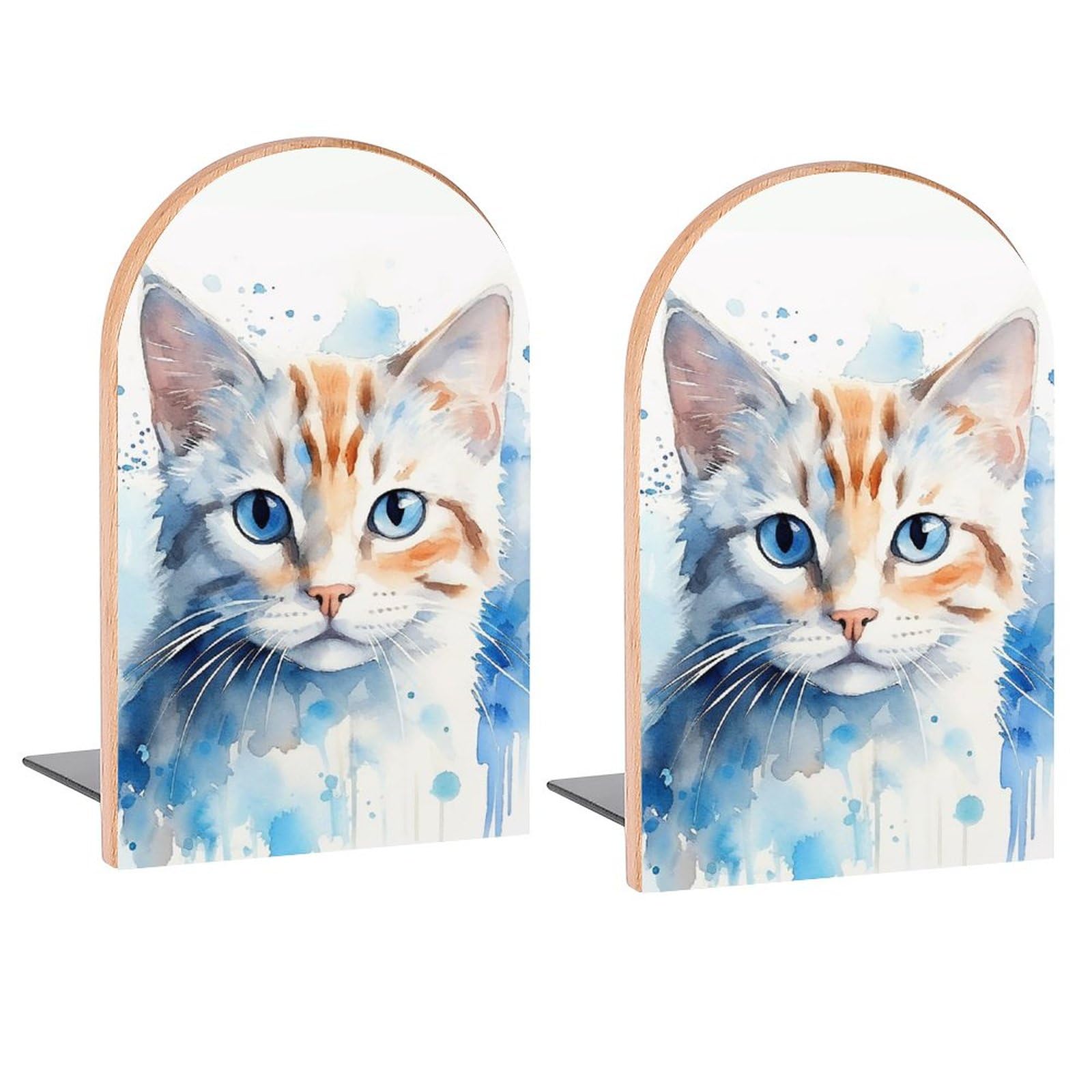Blue Eyes Cat Watercolor Book Ends Decorative Wood Bookends for Shelves Kids Room Desk Home Office Book Stoppers for Magazines,Books, DVDs, 1 Pair/2