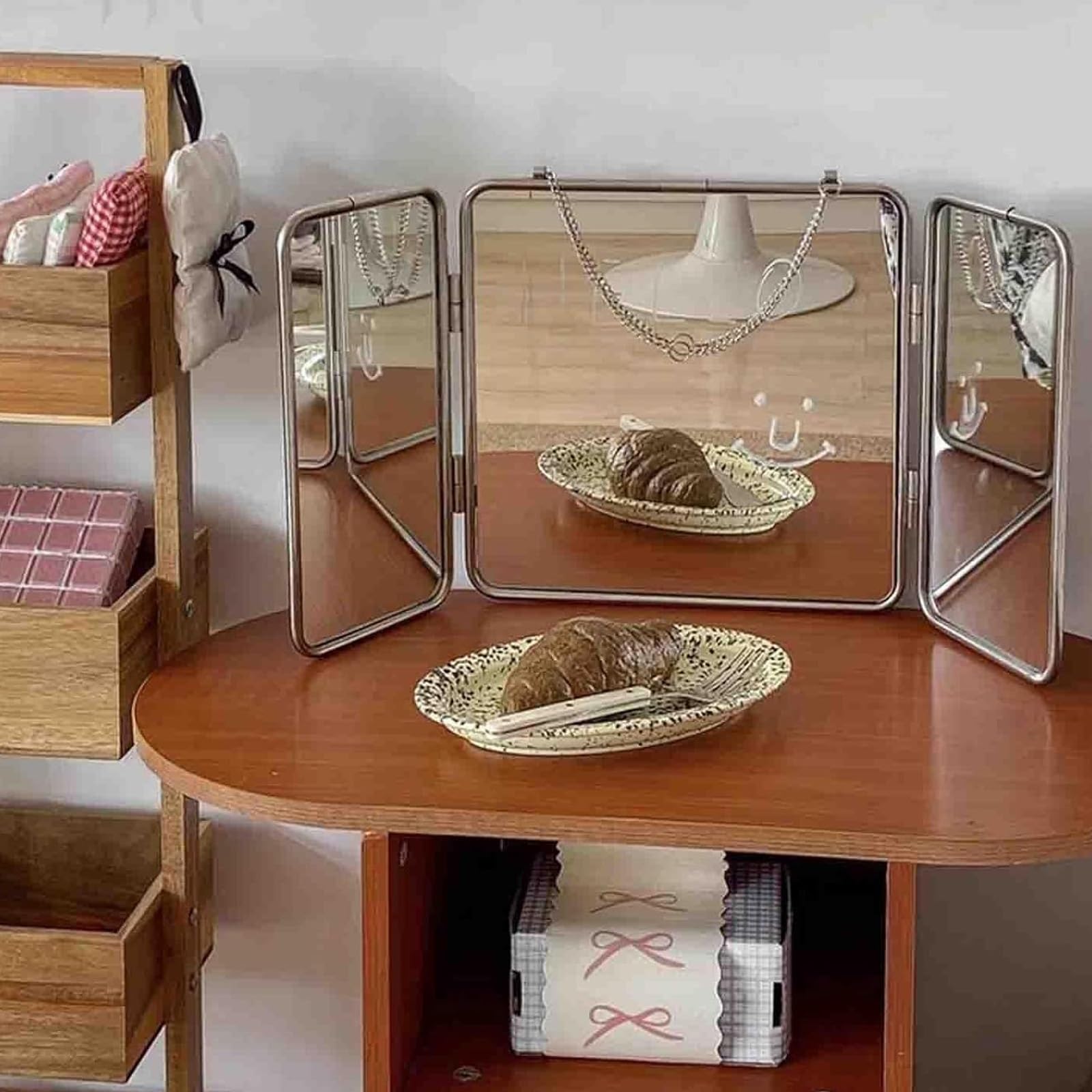 Miroir Carré Pliable De 30cm, Mural Miroir 3 Faces，Moderne avec Cadre Et Chaîne en Acier Inoxydable, Décoratif À Suspendre，Haute Définition