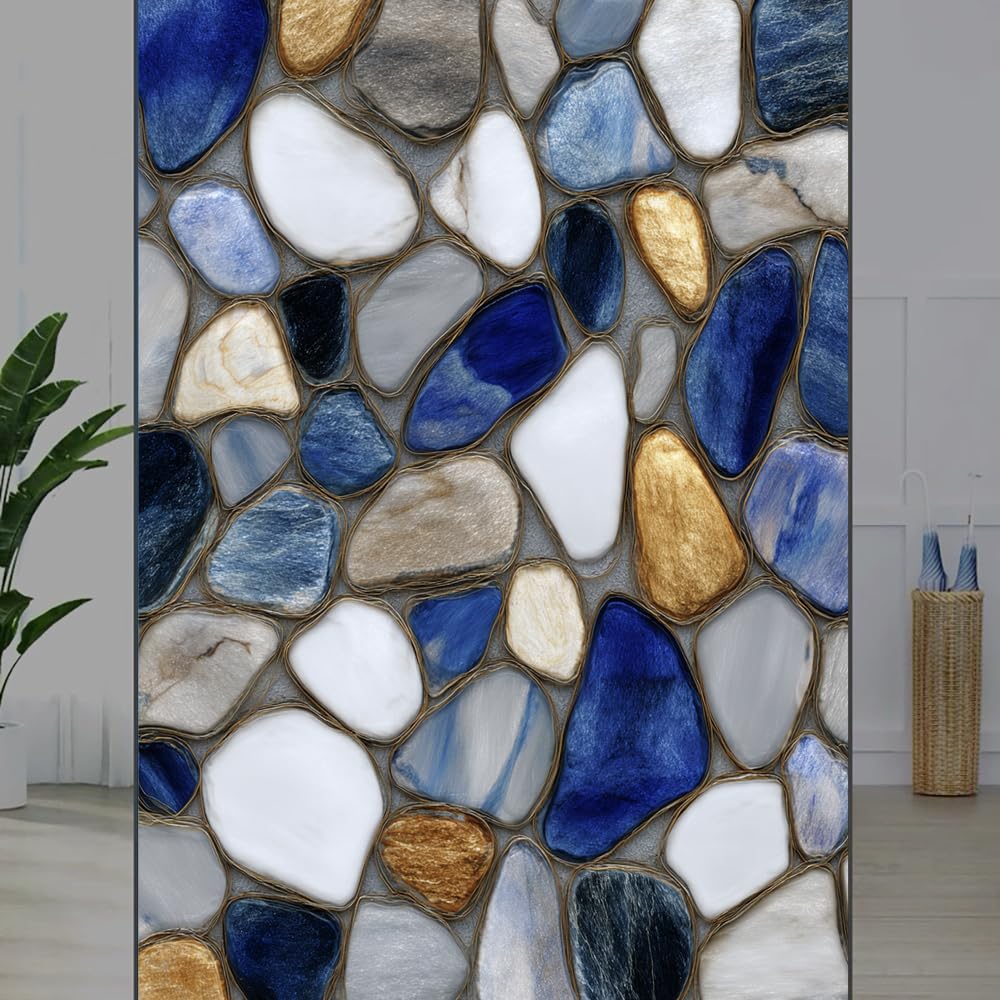 FOCCAFB Marble Stone Stained Glass Window Film, Geometric Pebbles Texture Peel and Stick Privacy Film, Frosted Adhesive Vinyl Decorative for Bathroom Windows Glass Doors, （45x90cm）