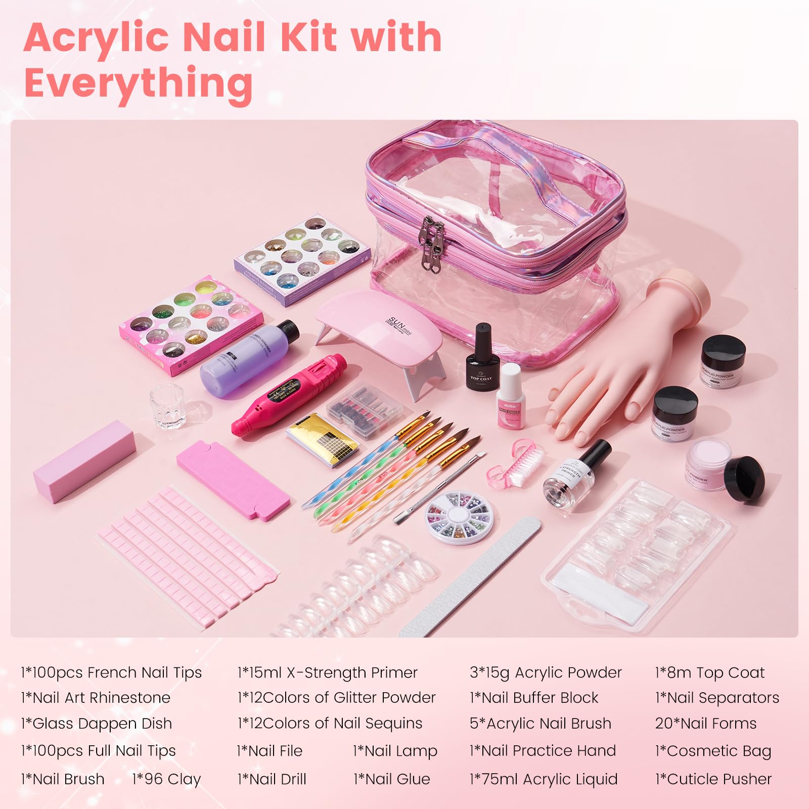 Deciniee Kit Uñas Acrilicas–Profesional con Lampara Uñas/Tips/Broca Unhas y Mano para Practicar. Ideal para hacer uñas de gel, decoración y DIY-Acrílico y herramientas para principiantes y expertos