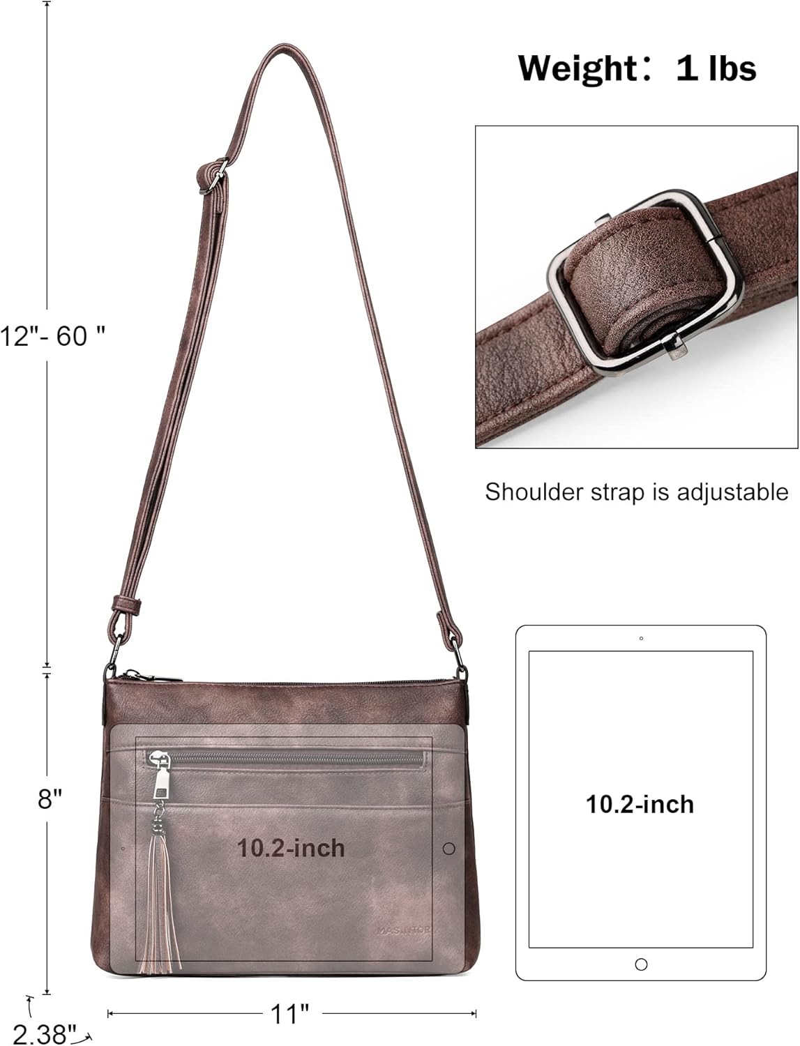 MASINTOR Crossbody Bags for Women, Lightweight Medium Crossbody Purse, Soft Leather Women's Shoulder Handbags with Tassel | Lightweight, Medium, Soft Leather, Women's, with Tassel, Lightweight - Image 5