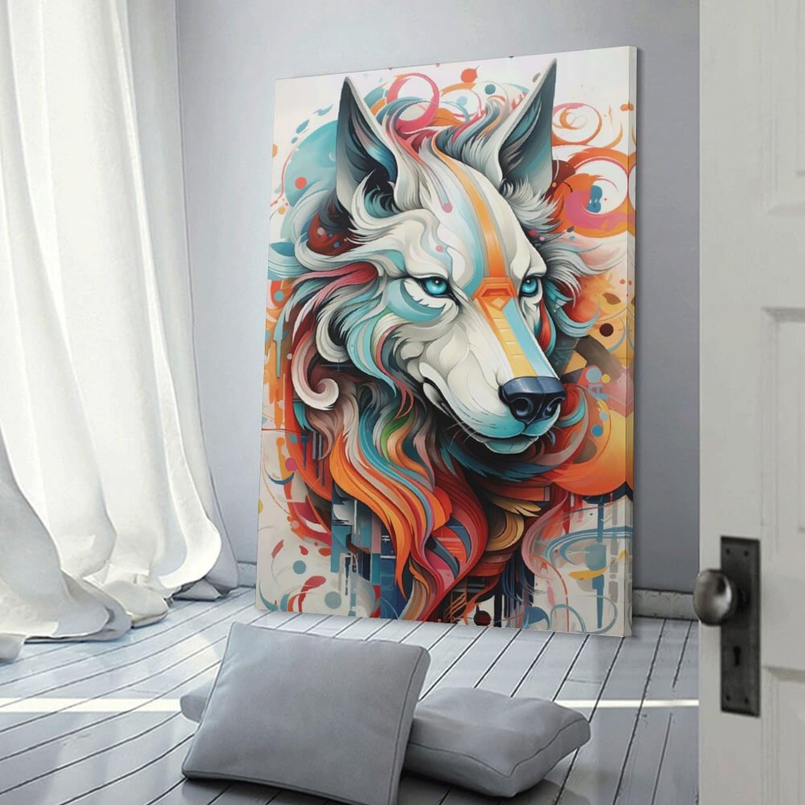 Junmoney Colorful Abstract Wolf Portrait Home Decor Wall Art, 24x36inch(60x90cm), for Lounge, Bedroom Or Personal Spaces, Gift Idea for Housewarming And Birthdays