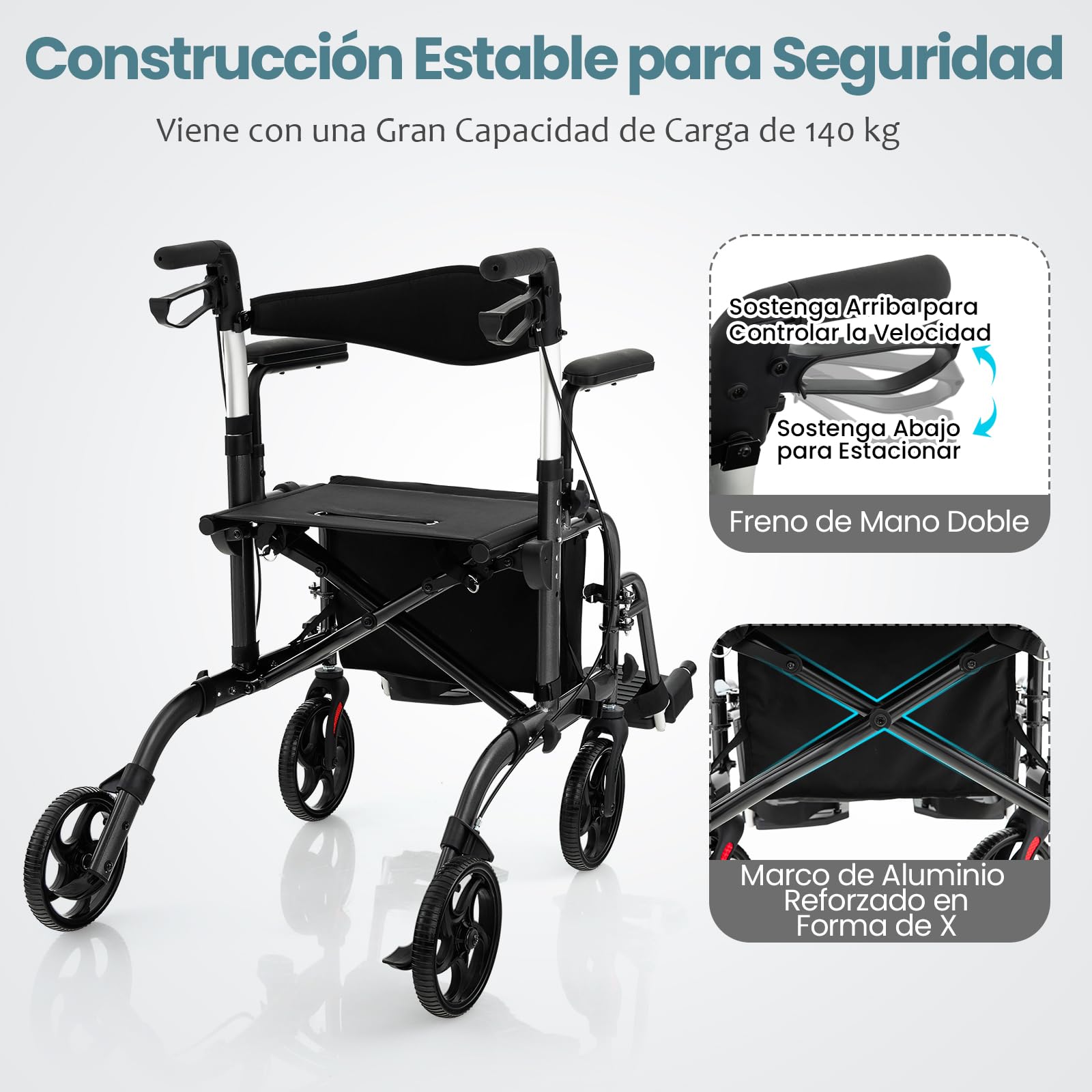 COSTWAY 2 en 1 Andador Plegable para ancianos, caminadores para mayores con Asiento y Respaldo Reversible, Silla de Ruedas con Manija Ajustable, Freno de Mano, Portaparaguas y Bolsa (negro)