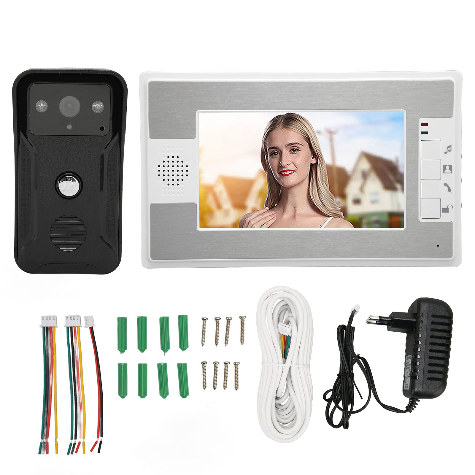 Interphone Vidéo Filaire, Système D'interphone Vidéo avec écran LCD TFT Couleur 7 Pouces, Prise en Charge de la Vision Nocturne Infrarouge, Contrôle électronique du Verrouillage, 25(Prise UE)