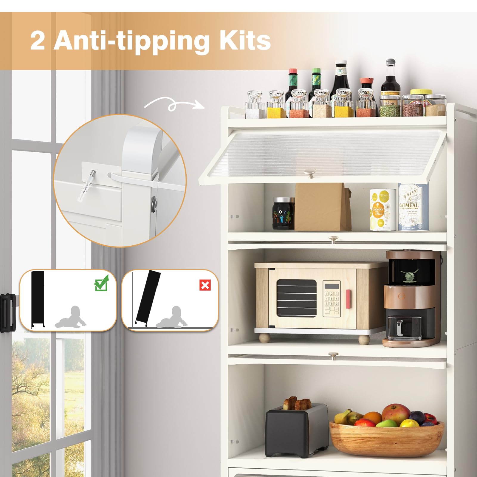 KOMFOTTEU Armoire à Porte Mobile, 5 Niveaux, Fer, 60 x 32 x 154 cm, Blanc | Étagère de Cuisine, 4 roulettes, Meuble de Rangement, Kit Anti-basculement, Salon, Salle à Manger