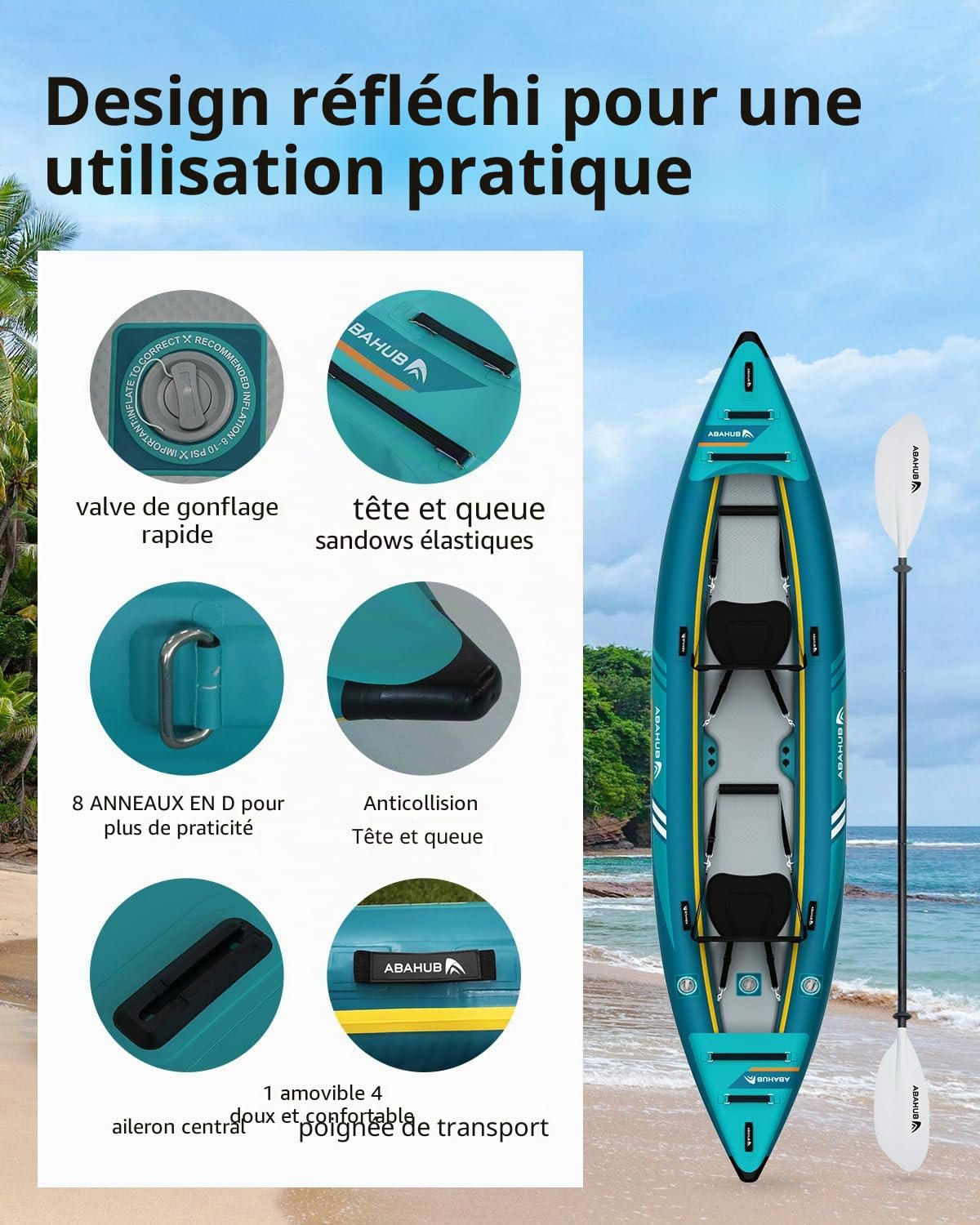 Abahub Kayak Gonflable 320/420cm Kayak de Gonflable 1/2 Personne avec Pagaie, Siège, Repose-Pieds, Pompe à Main et Sac pour Canoë de Kayak Bateau Gonflable 1/2 Place 320/420x89x23cm Bleu