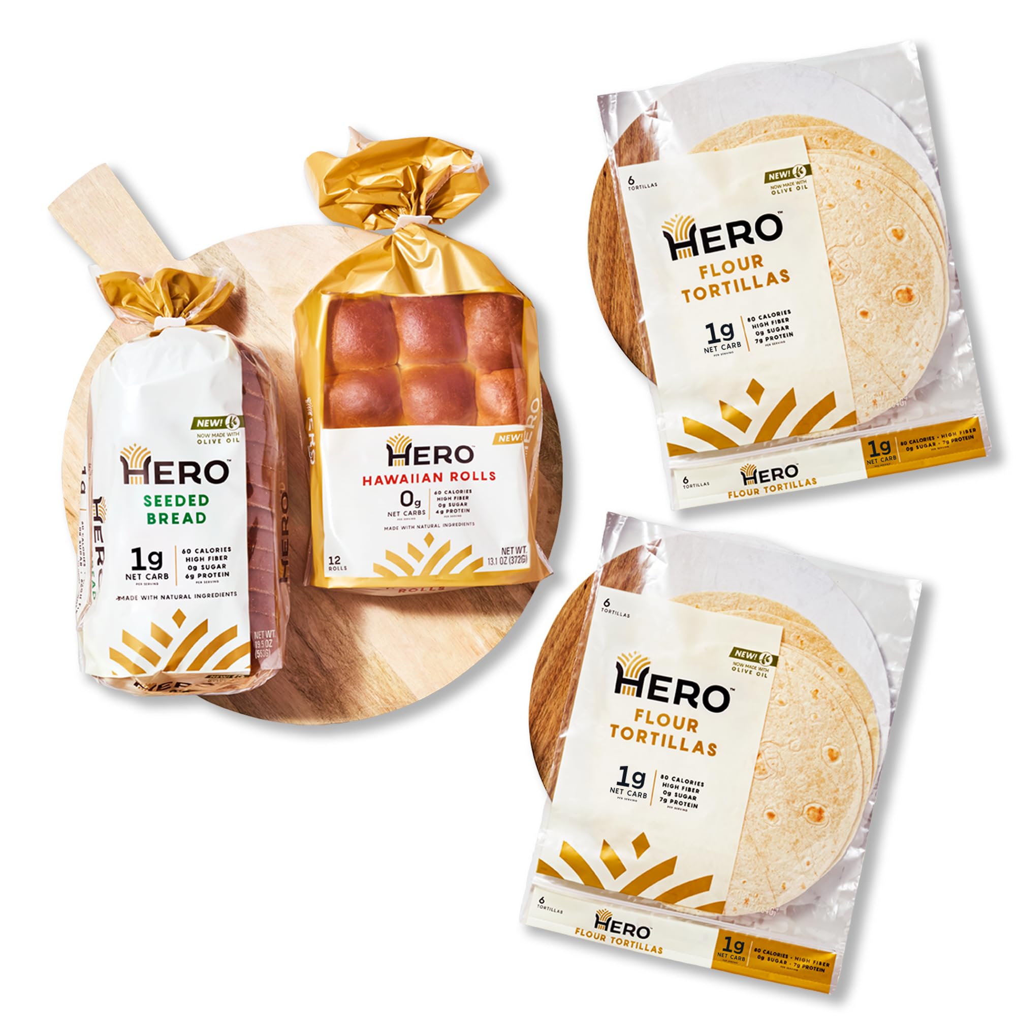 Bread Hero Hits Bundle — 0g Net Carb Hawaiian Rolls, Tortillas & 1g Net Carb Seeded Bread | 0g Sugar, High Fiber, 100 Calories per serving | Net Low Carb & Keto-Friendly