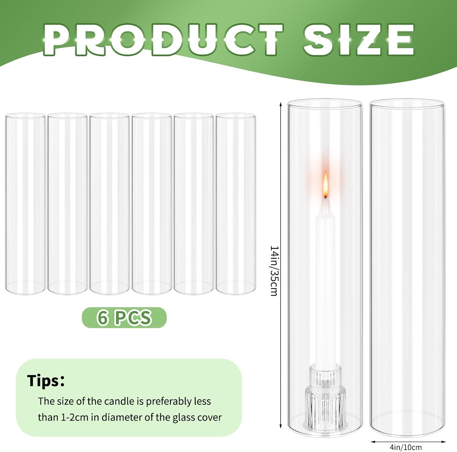6 PCS Hurricane Candle Holder, 4" W x 14" H Open Ended Glass Candle Cylinder Sleeve, Clear Glass Cylinder Candle Holder, Open Flame Candle Chimney Tube Cover, Bottomless Cylindrical Glass