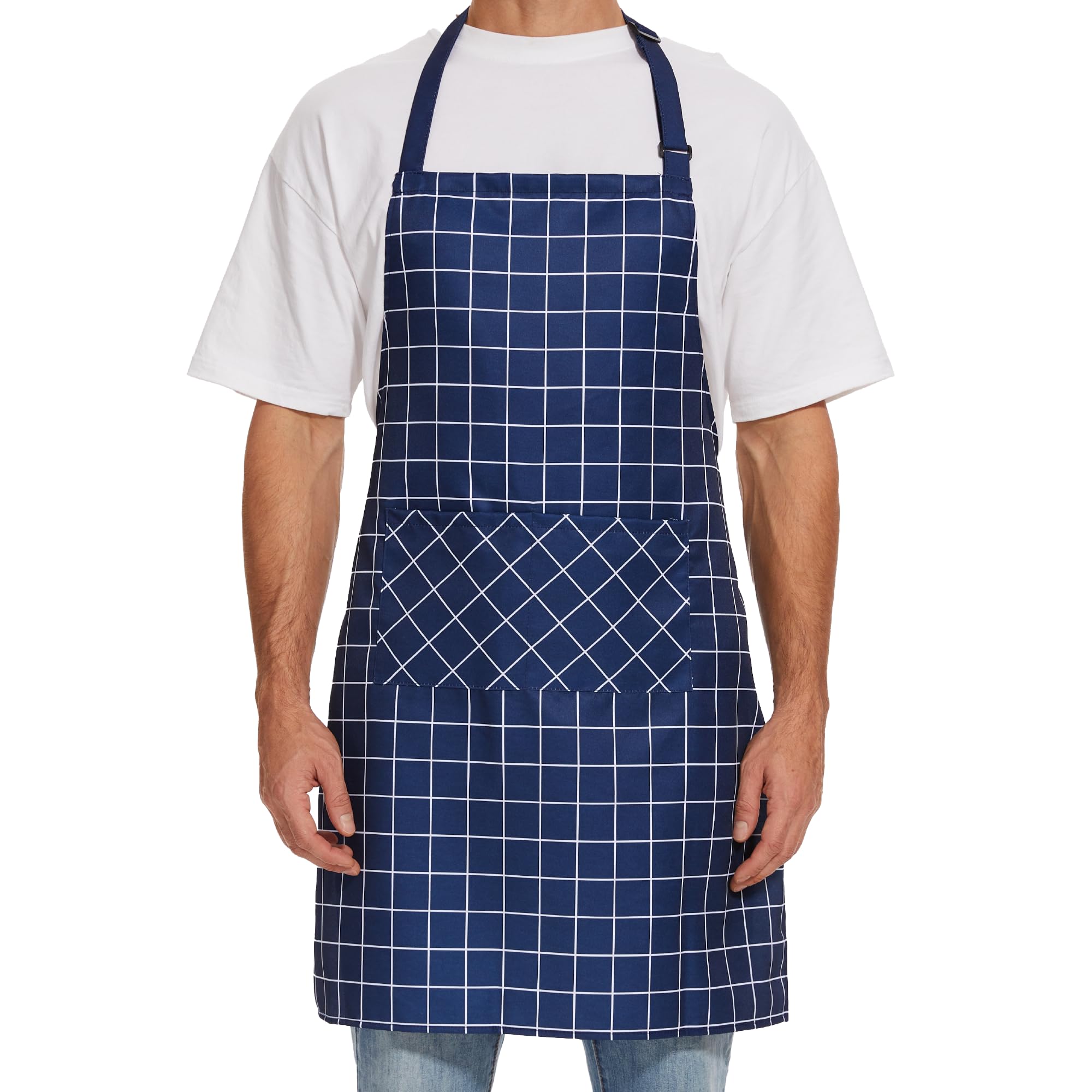 Will Well Kitchen Apron for Men and Women - 33" x 27" Oil-and-Water-Resistant with Adjustable Neck Strap and 38" Waist Ties for a Snug Fit, Lightweight with 2 Front Pockets - 1-Pack, Navy Checkered