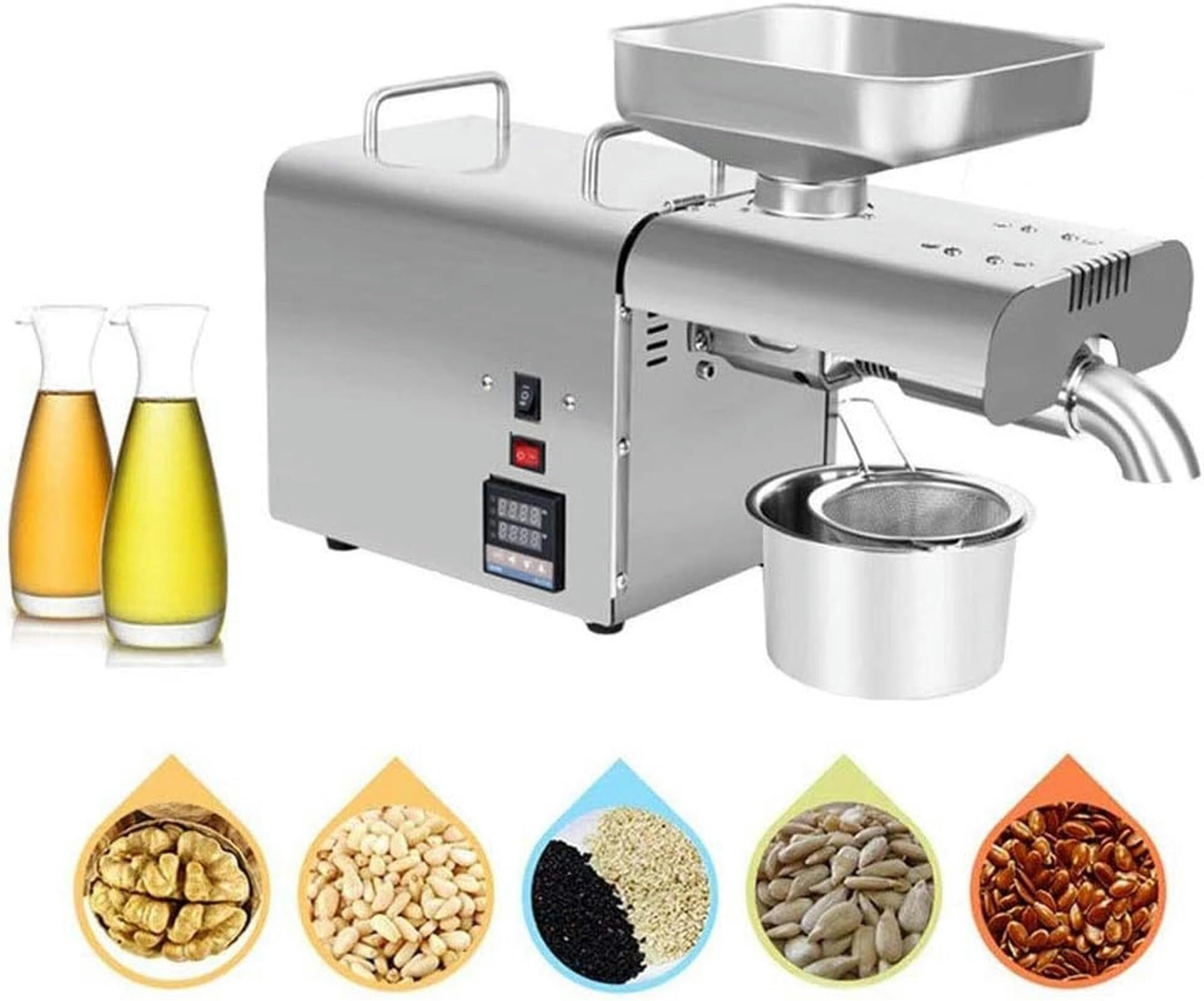 MYUYEE Kitchen Oil Press Machine, Stainless Steel Cold/Hot Nut Oil Extractor Automatic Oil Press Expeller for Coconut Castor Olive Home/Commercial Oil Expeller