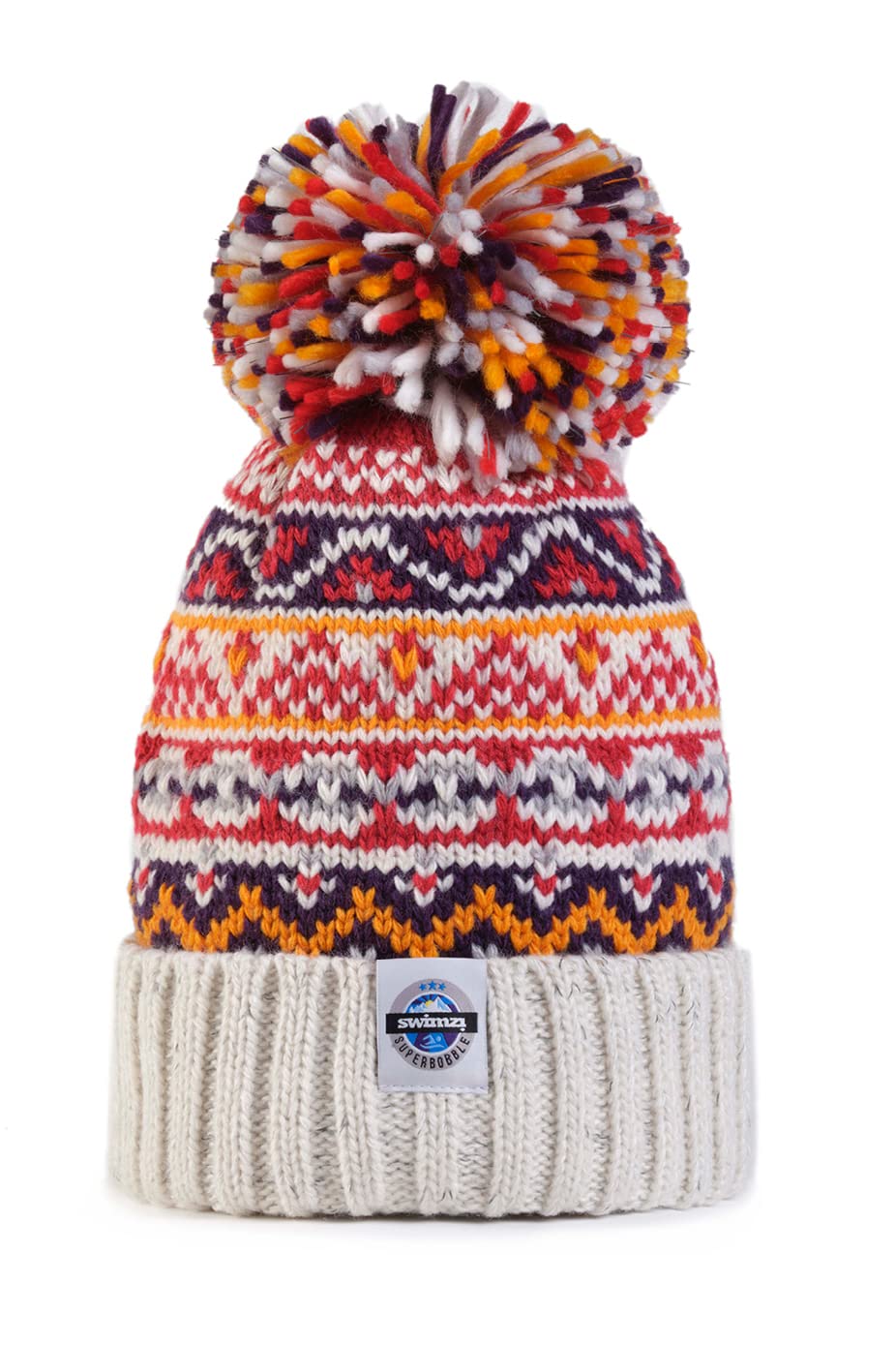Superbobble Unisex Cream Fairisle Beanie Bobble Hat - Cherry