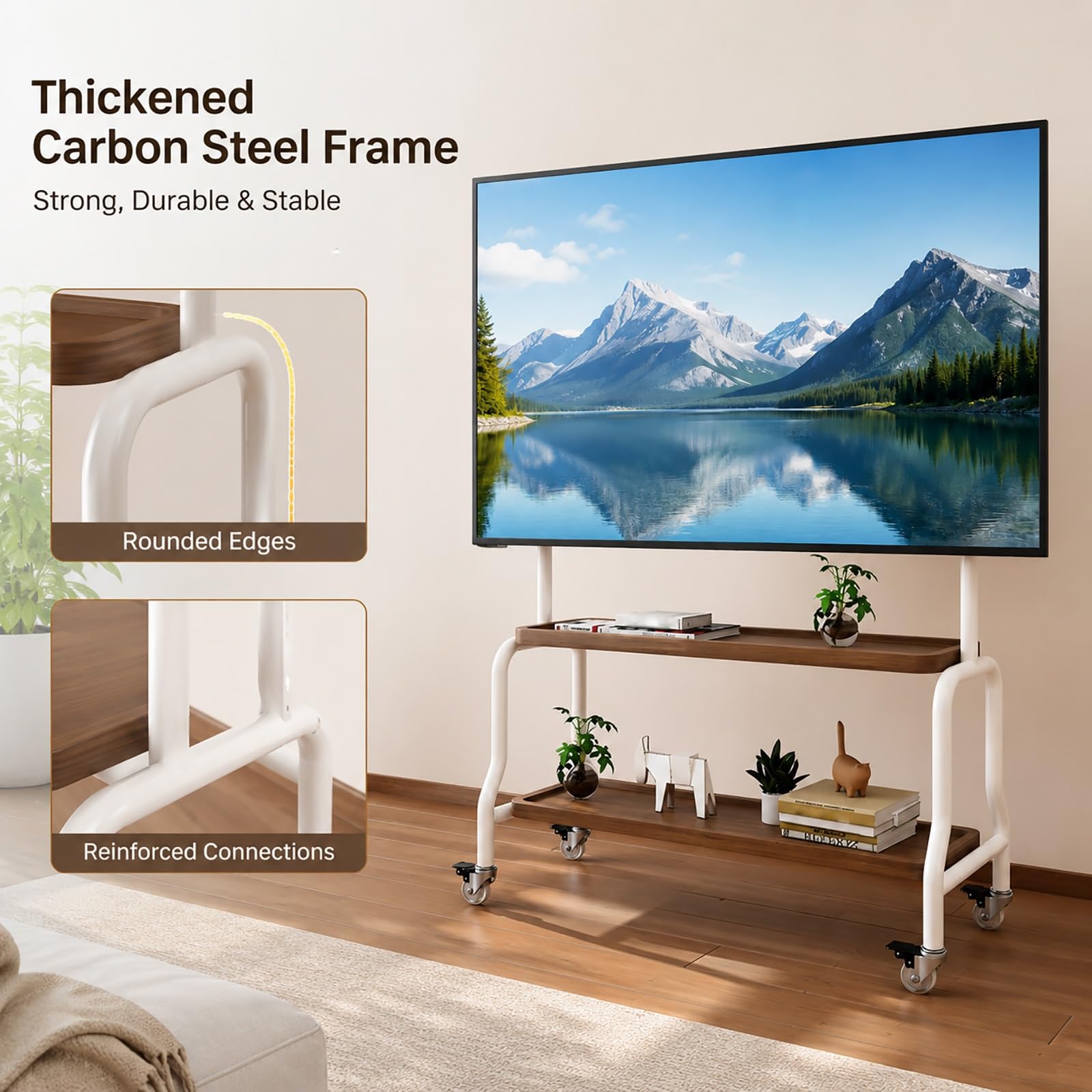 Soporte TV Pie Portátil con Estante, Soporte TV con Ruedas Móvil | Compatible VESA, Ruedas Giratorias Bloqueo 360°, Estante Doble para Dormitorio, Sala Estar, Interiores