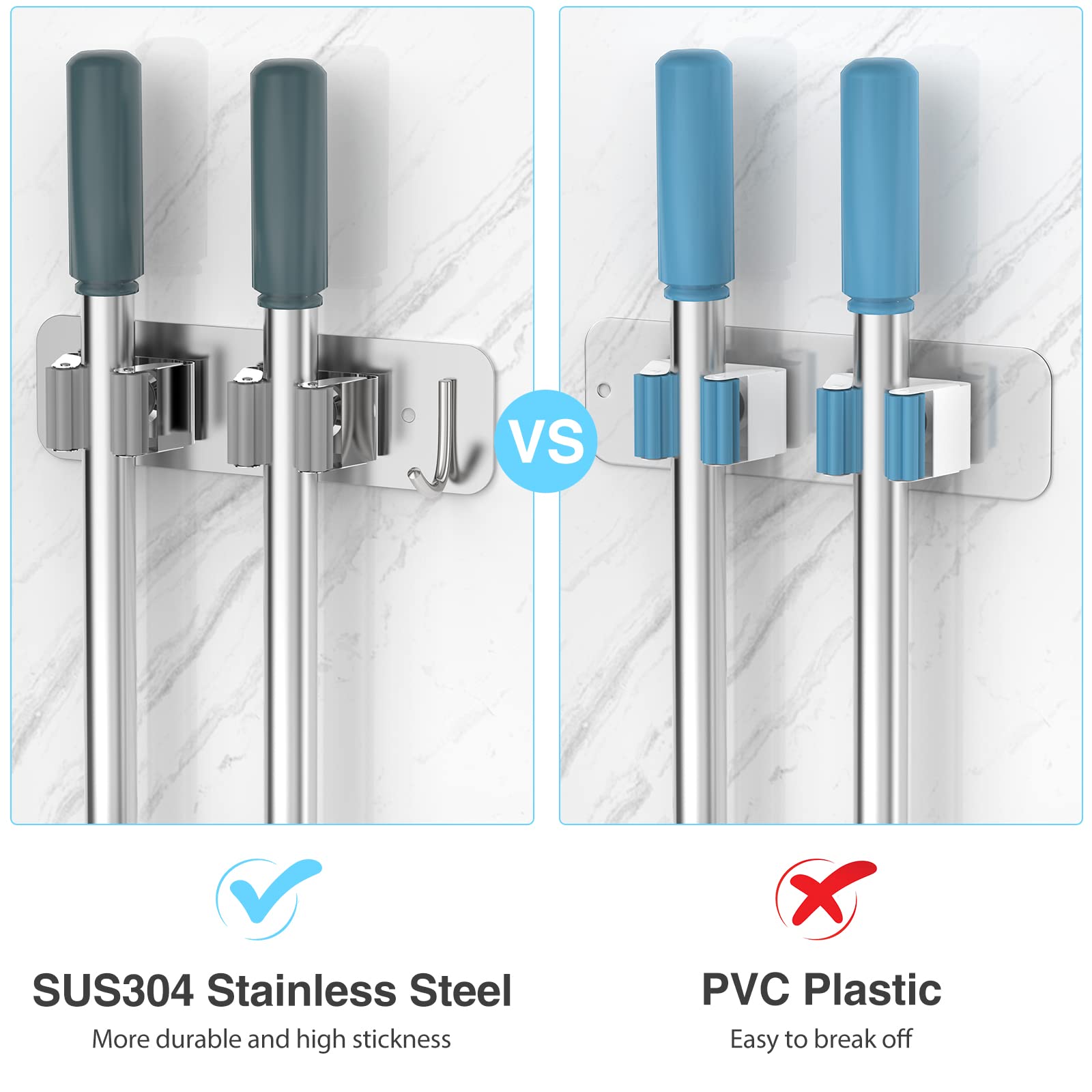 HOMEASY Mop Broom Holder Wall Mounted SUS304 Stainless Steel - Image 2
