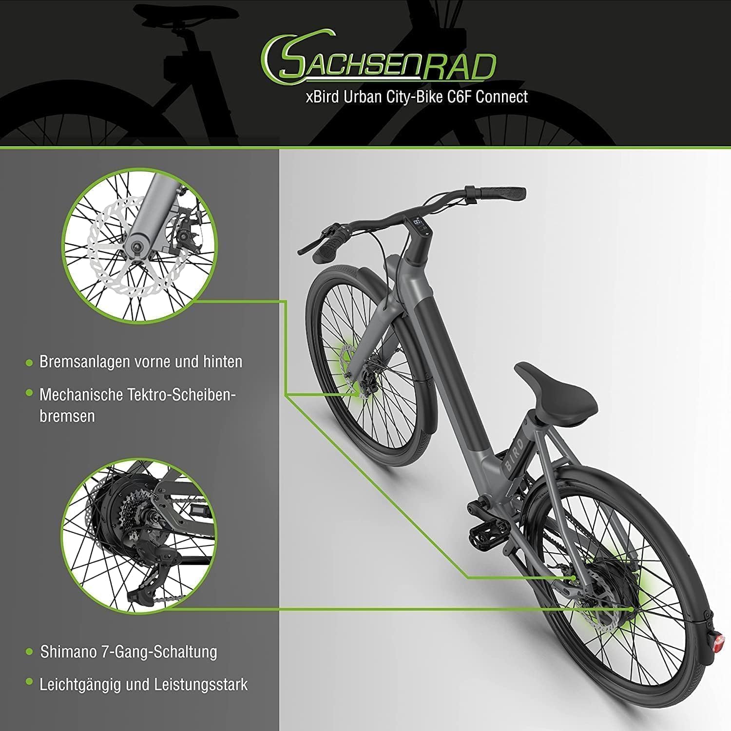 xBird Urban City-Bike C6F Connect Mit Diebstahlschutz APP | Modernes Design E-Bike Elektrofahrrad mit Integriertes LCD Display und StVZO-zugelassene LED-Leuchten für 150-180CM